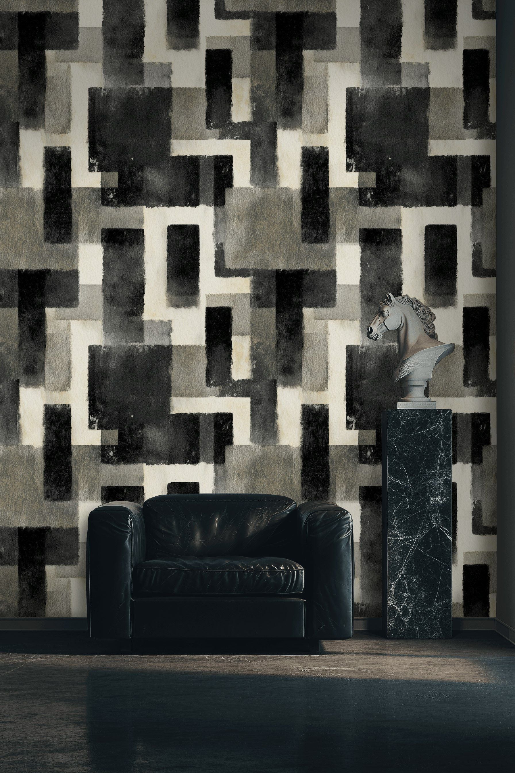 Soyut Geometrik Duvar Kağıdı Siyah Gri Desen Salon