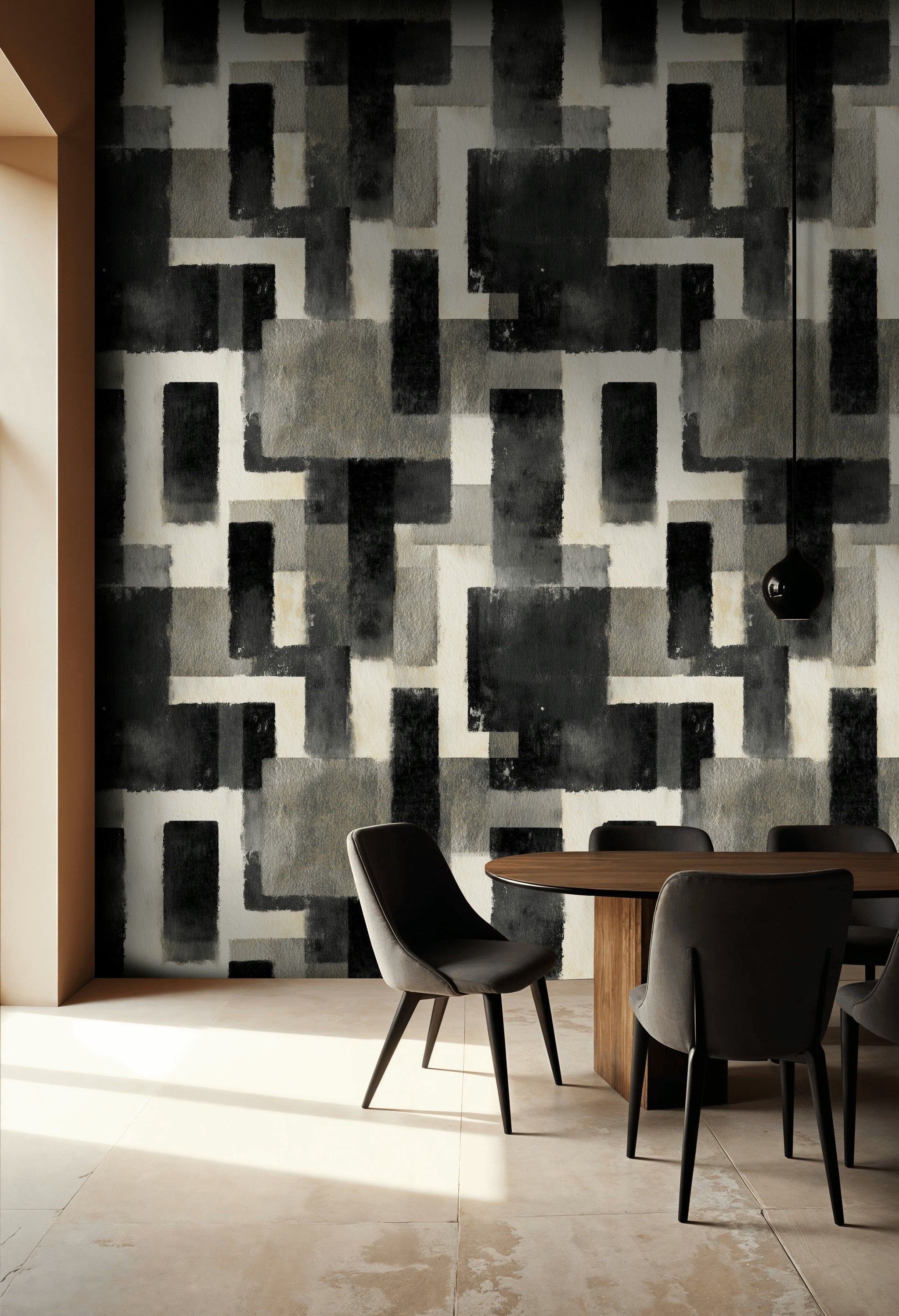Soyut Geometrik Duvar Kağıdı Siyah Gri Desen Salon