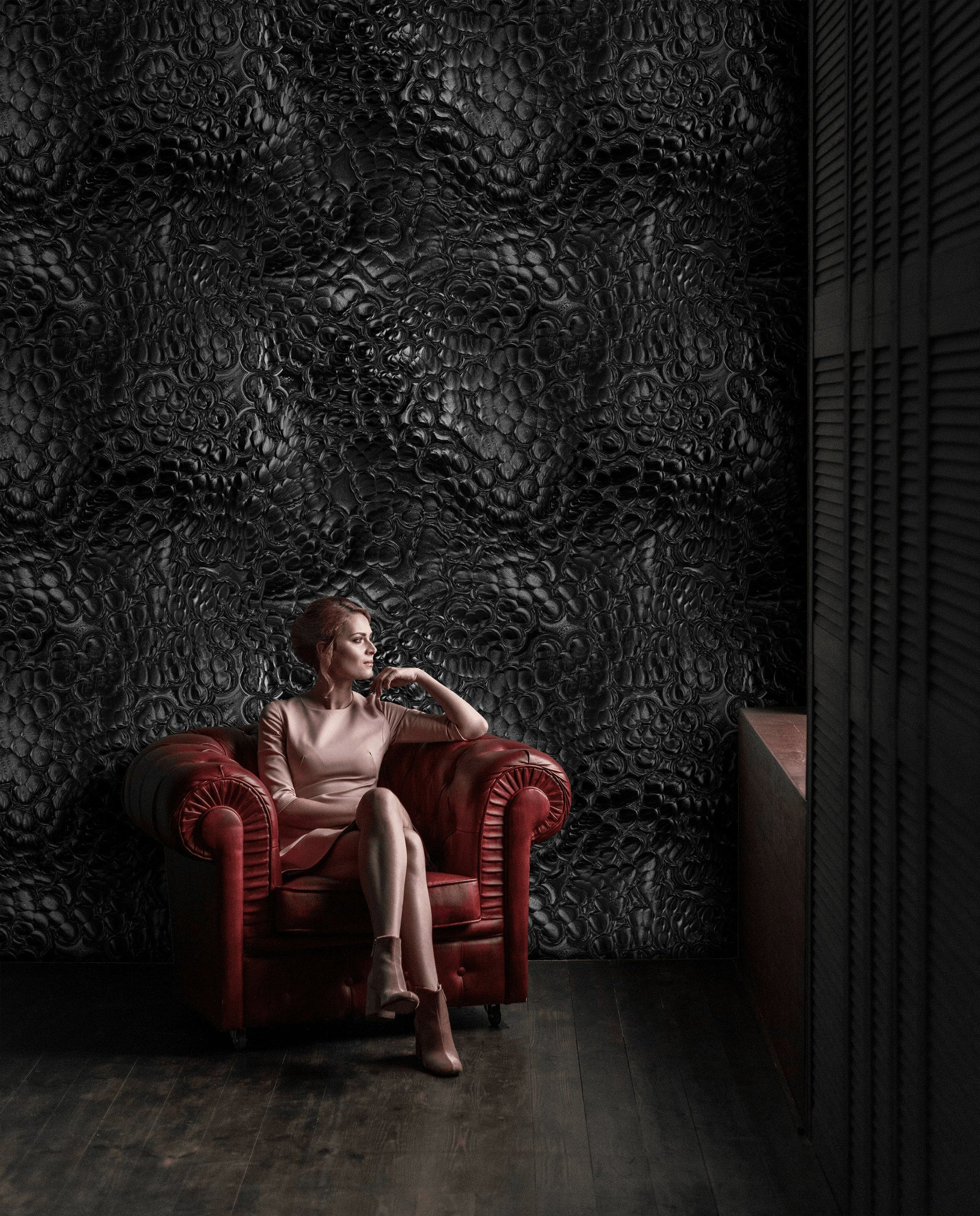 Siyah Kabartma Desenli Duvar Kağıdı Modern Salon Duvar Dekoru