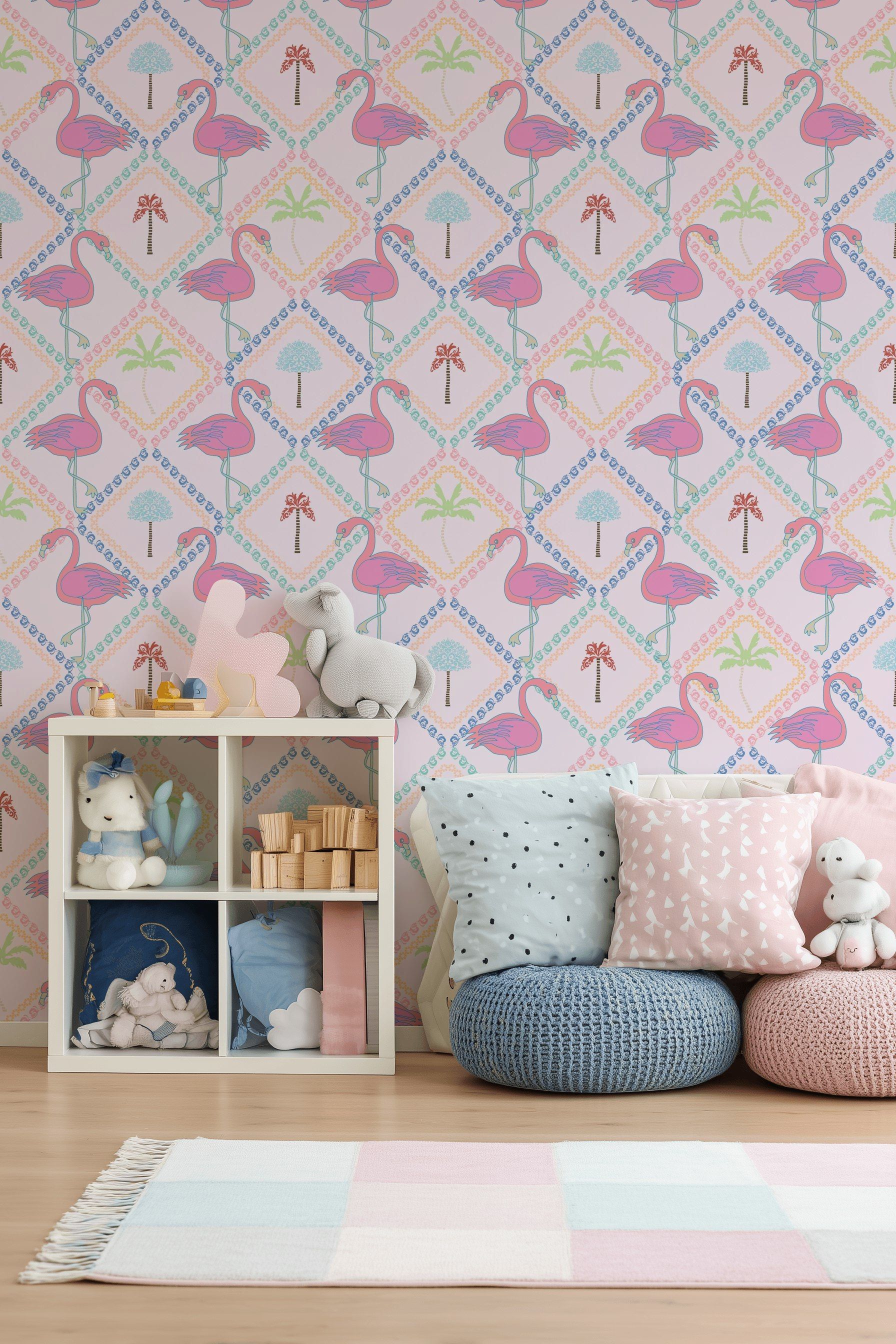 Flamingolu Duvar Kağıdı Pastel Pembe Çocuk Odası Deseni