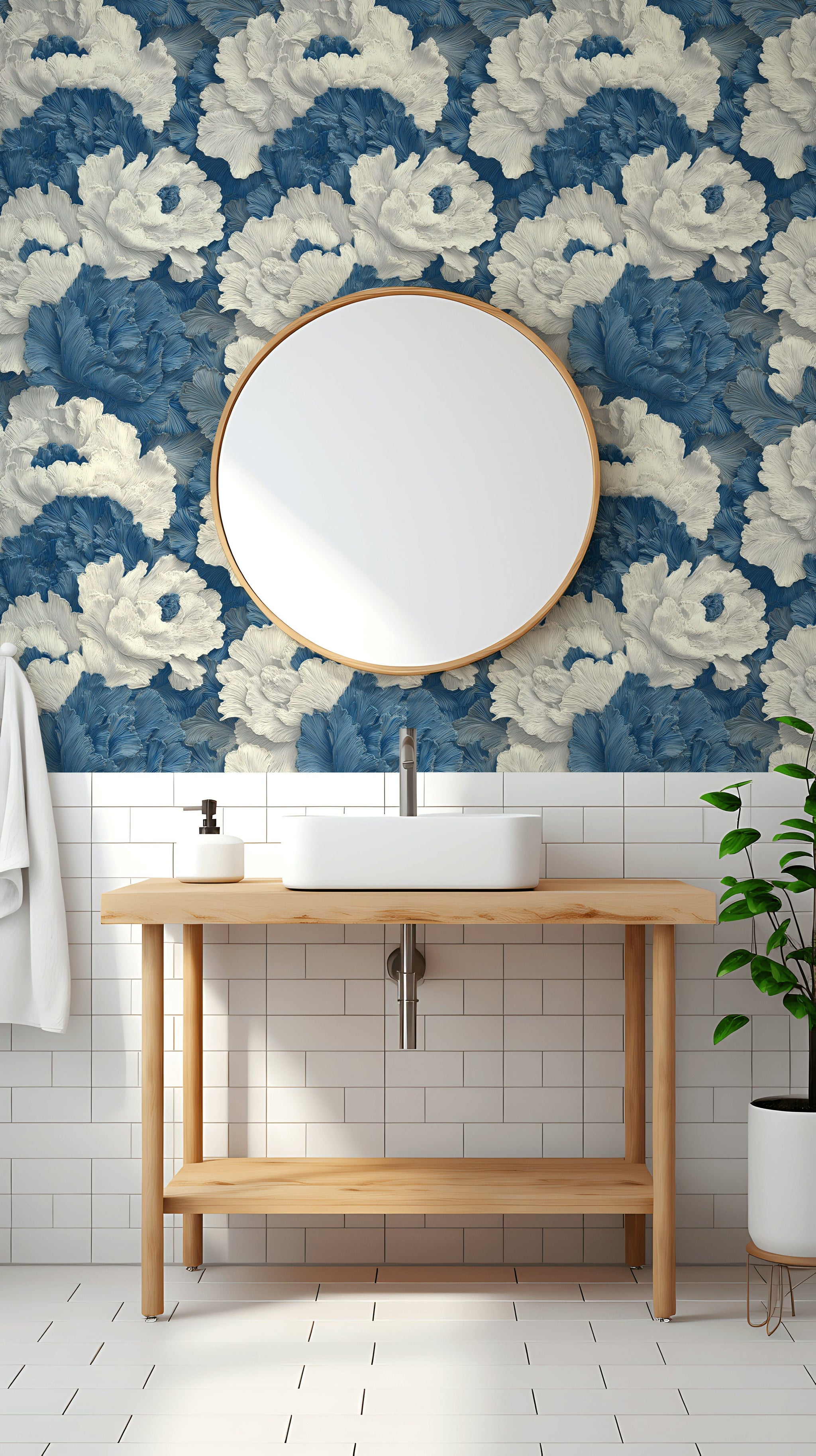 Mavi Beyaz Büyük Çiçekli Duvar Kağıdı Salon Desen