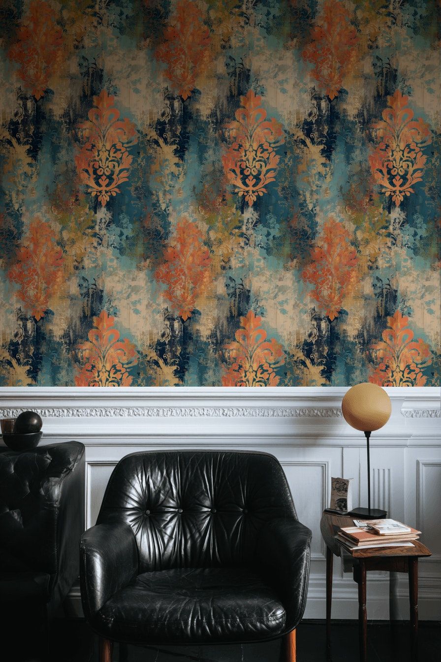 Vintage Damask Desenli Duvar Kağıdı Mavi Turuncu Salon