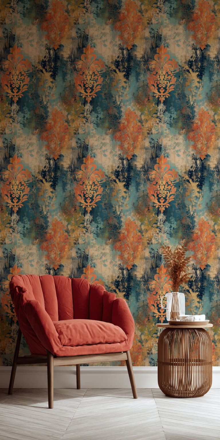 Vintage Damask Desenli Duvar Kağıdı Mavi Turuncu Salon