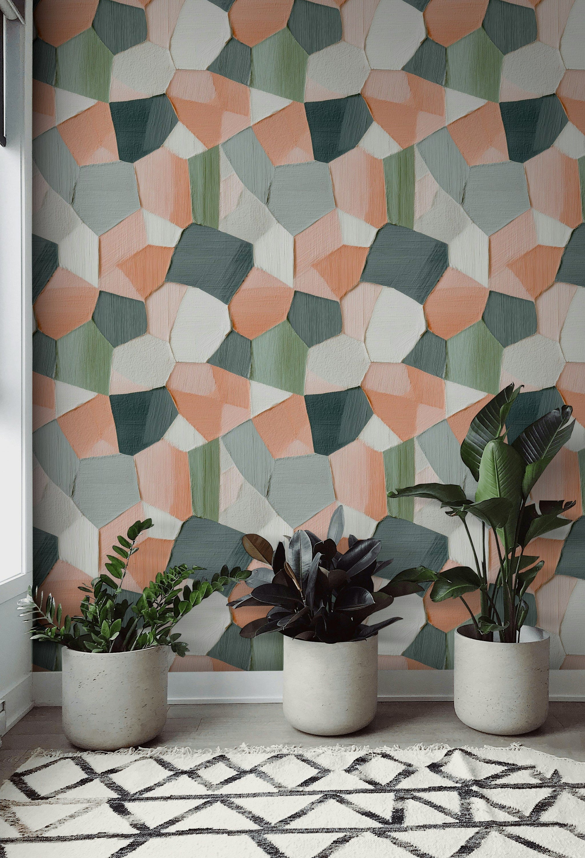 Geometrik Desenli Duvar Kağıdı Yeşil Pudra Tonlu Salon