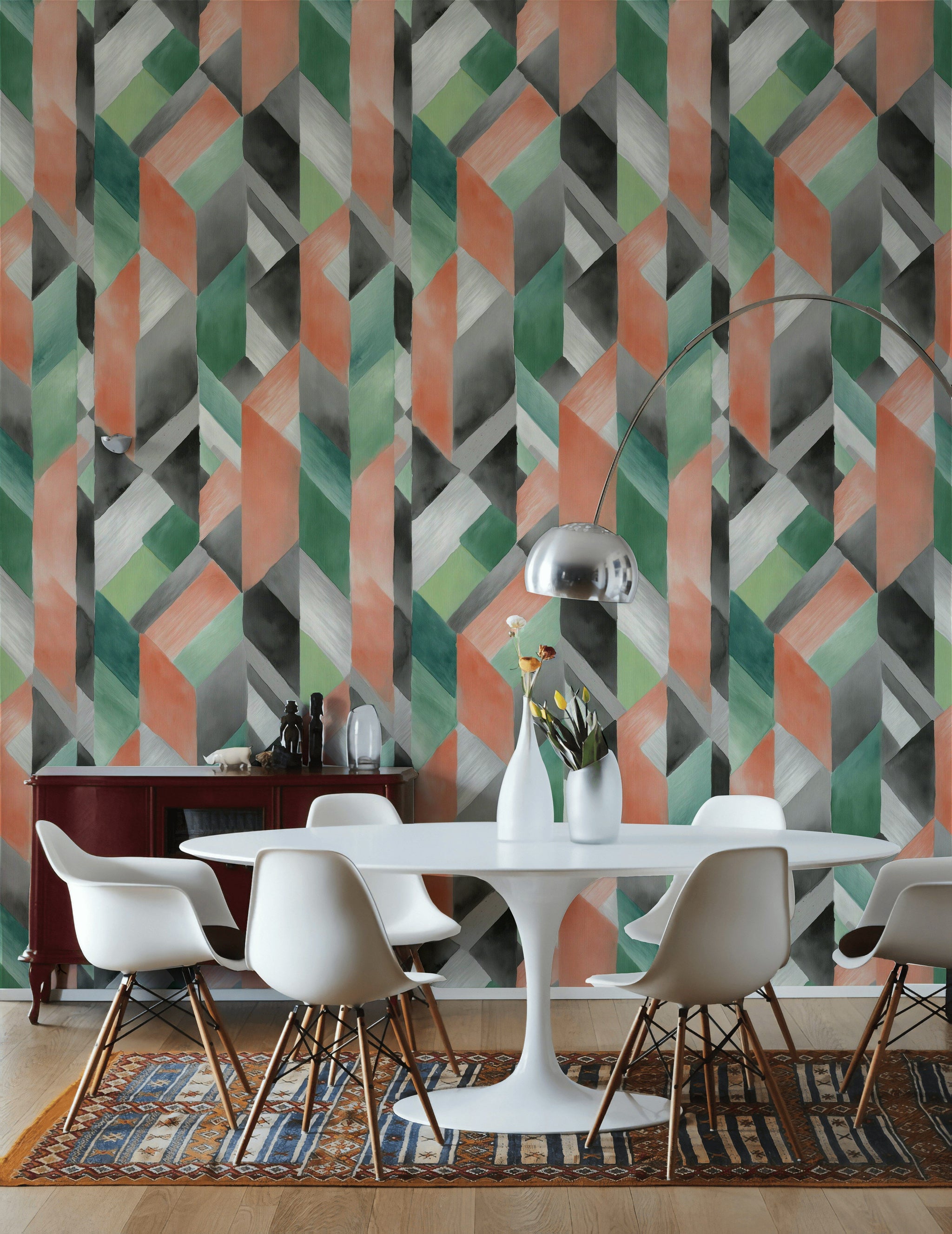 Geometrik Desenli Duvar Kağıdı Yeşil Gri Salon