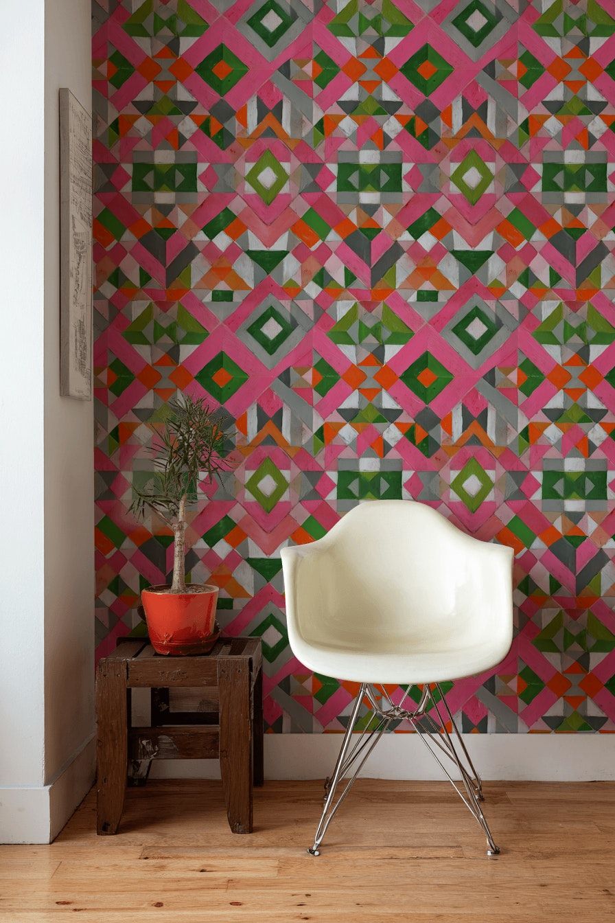 Etnik Geometrik Duvar Kağıdı Pembe Yeşil Kilim Desen