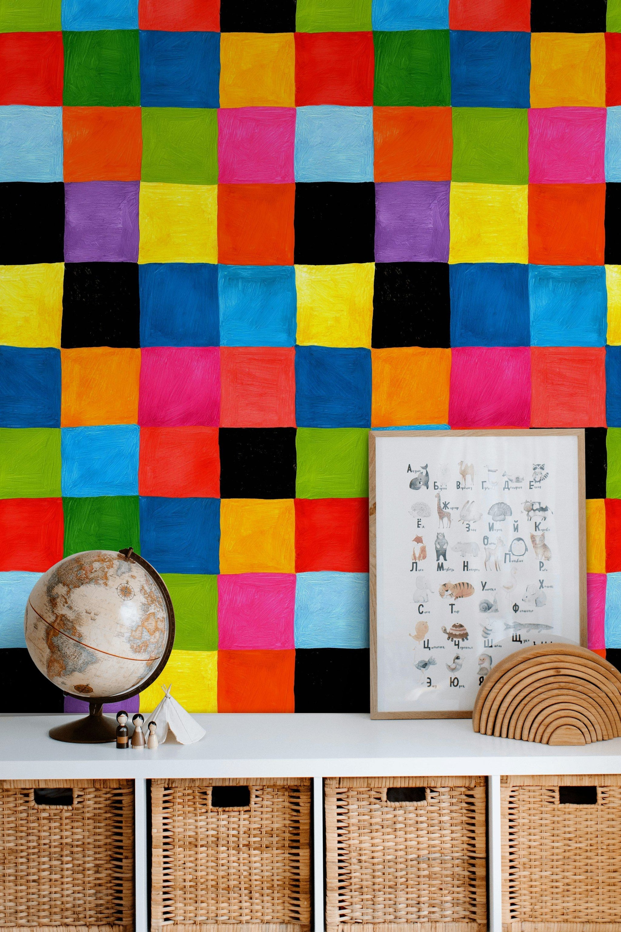 Renkli Kareli Duvar Kağıdı Geometrik Modern Salon Dekoru