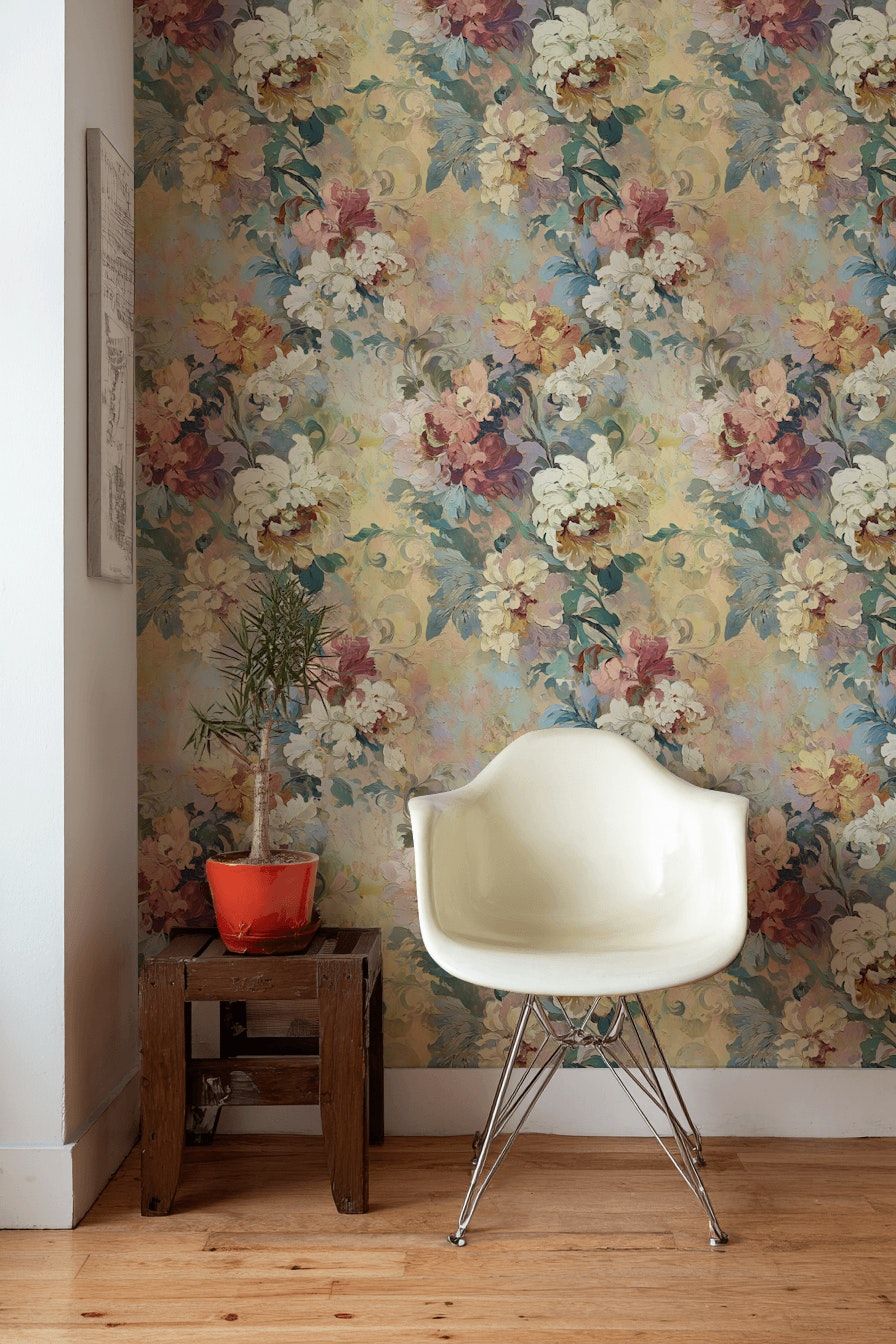 Vintage Çiçekli Duvar Kağıdı Bej Fon Pastel Salon