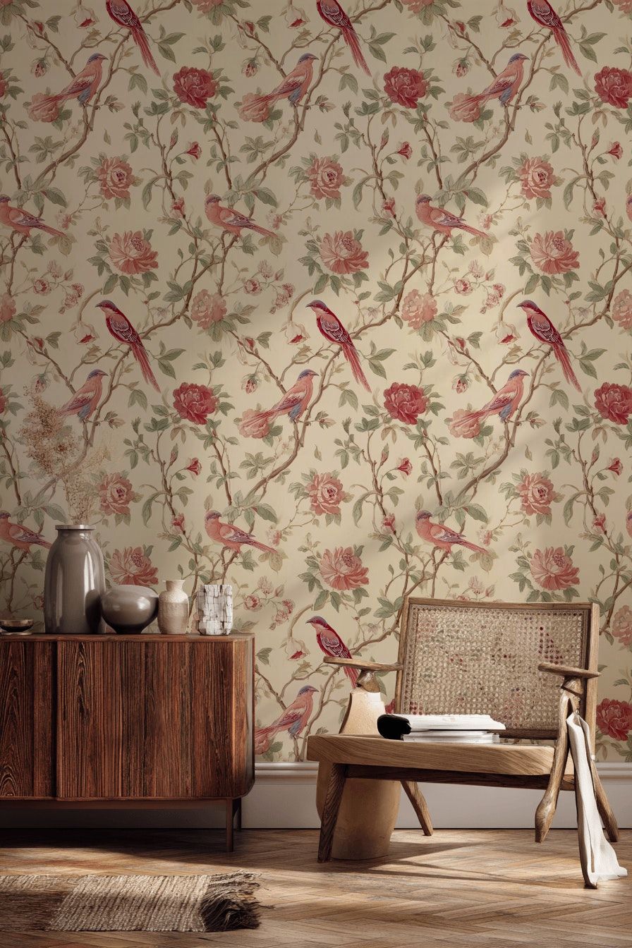 Kuşlu Çiçekli Duvar Kağıdı Krem Vintage Salon