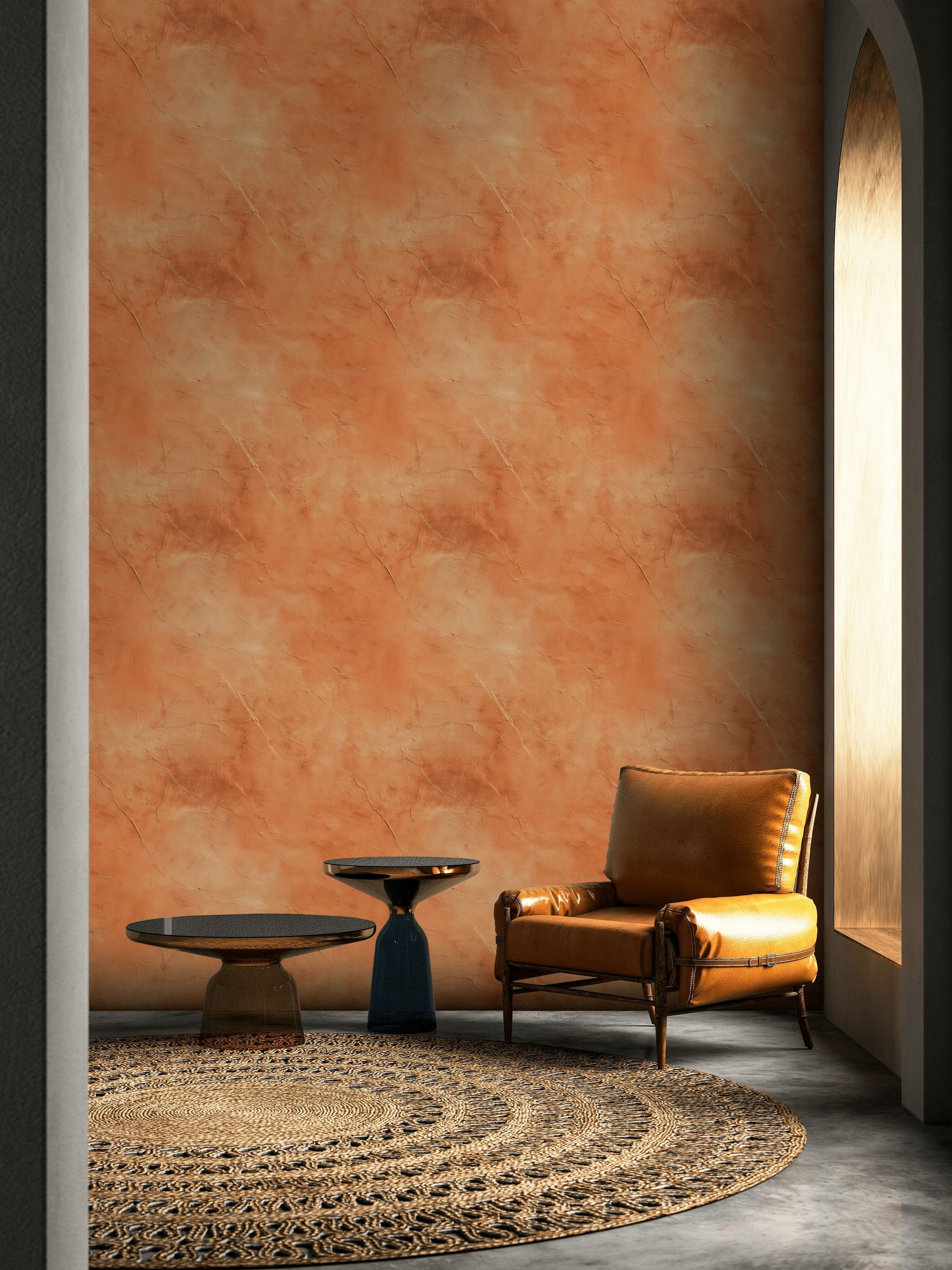 Mermer Desenli Duvar Kağıdı Terracotta Turuncu Modern Salon