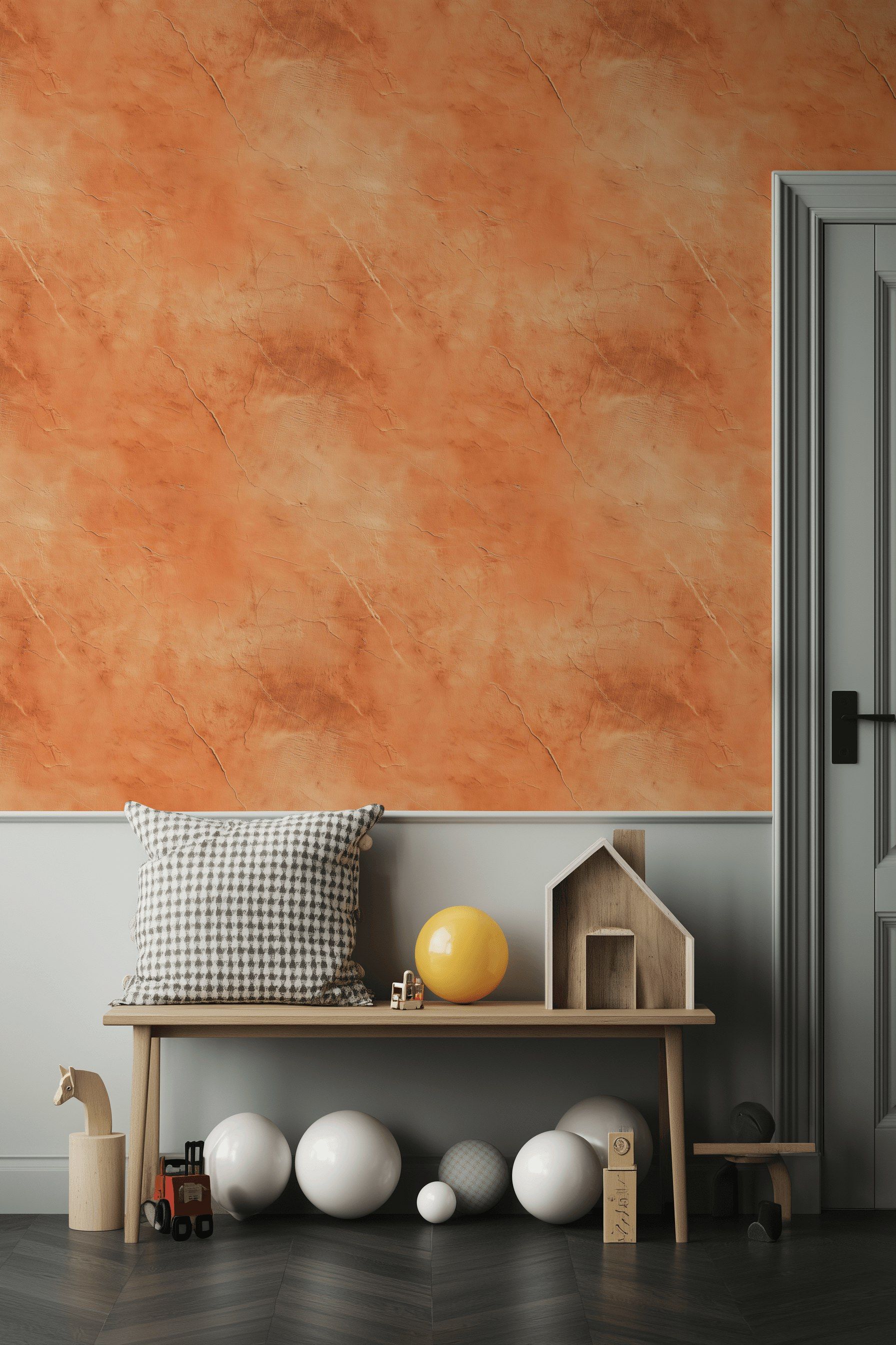 Mermer Desenli Duvar Kağıdı Terracotta Turuncu Modern Salon