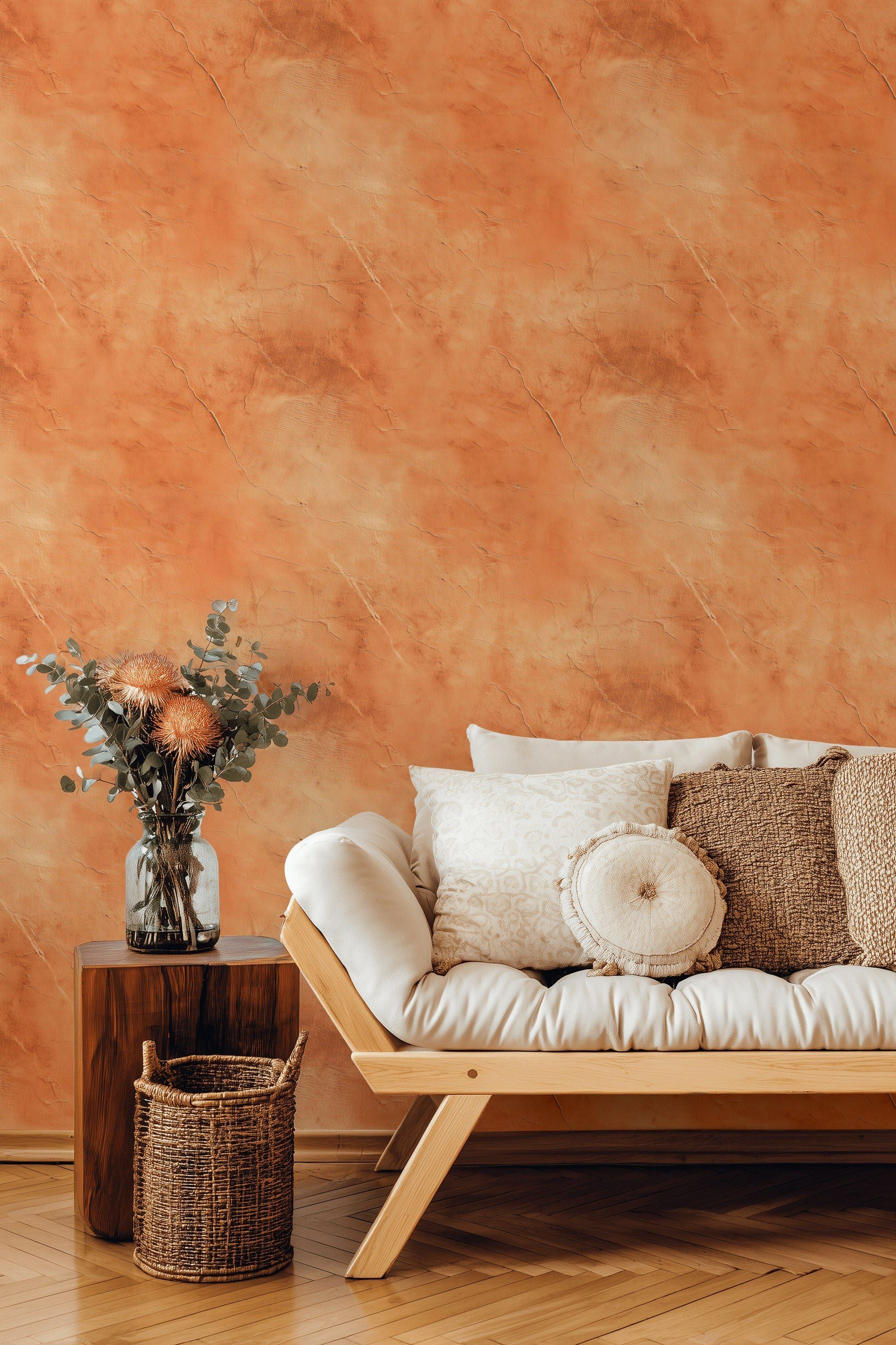 Mermer Desenli Duvar Kağıdı Terracotta Turuncu Modern Salon