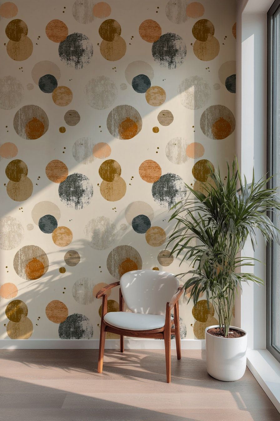 Geometrik Daire Desenli Duvar Kağıdı Bej Salon Modern
