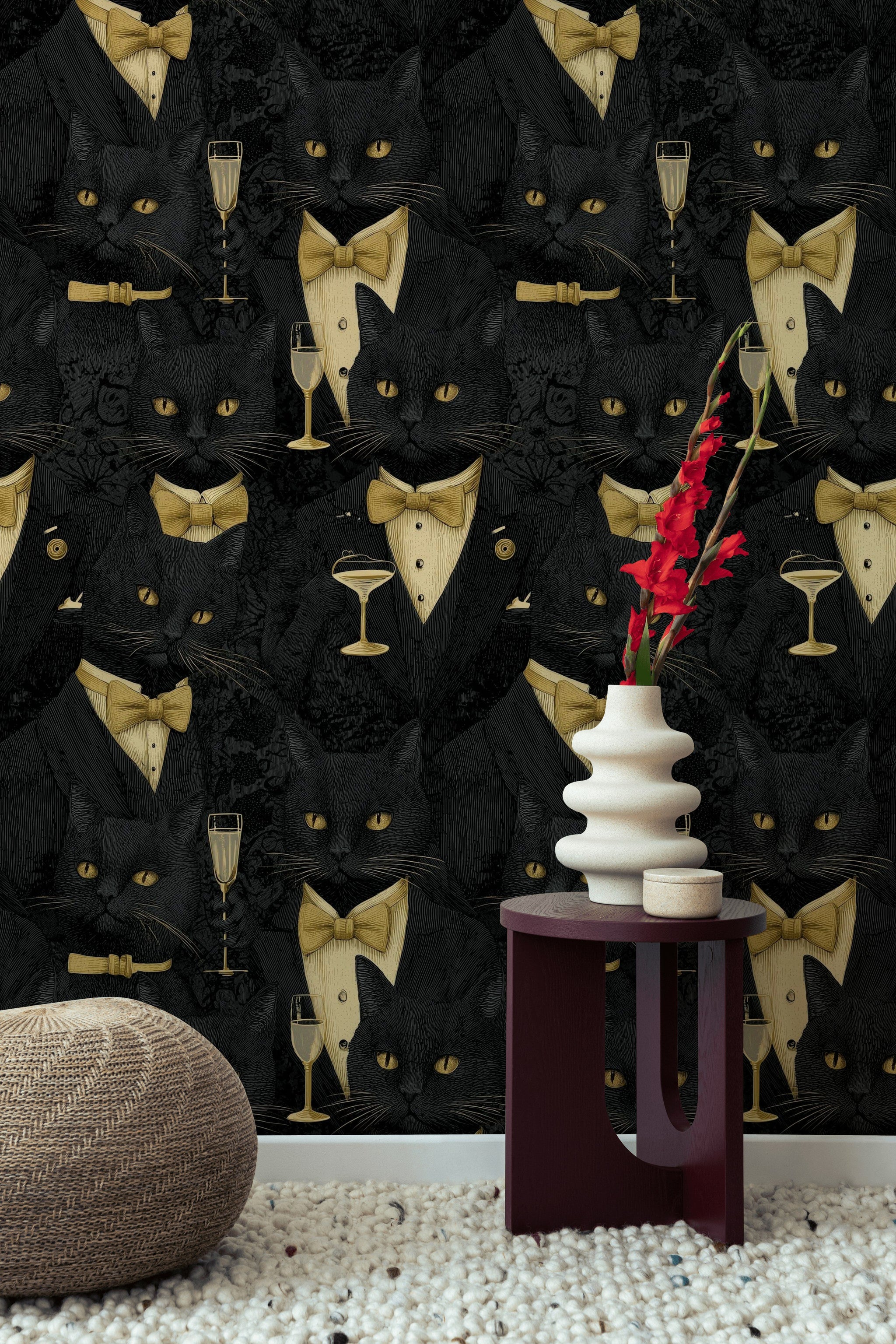 Smokinli Siyah Kedi Duvar Kağıdı Altın Detaylı Salon