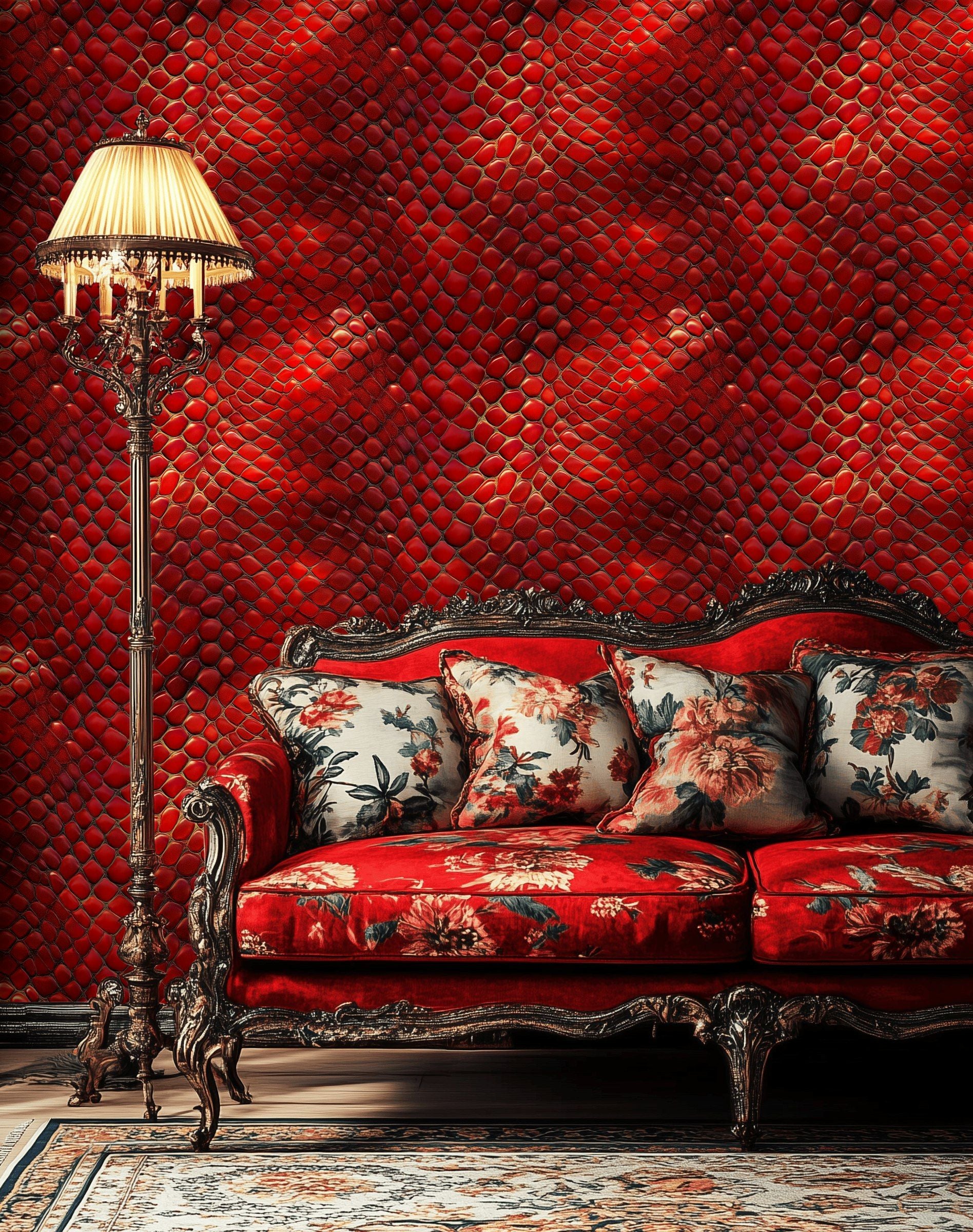 Kırmızı Yılan Derisi Duvar Kağıdı Vintage Salon Dekoru