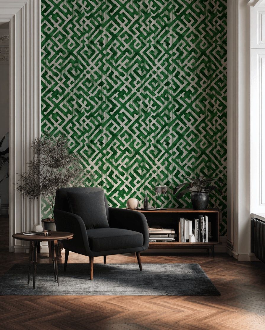 Geometrik Labirent Desenli Duvar Kağıdı Yeşil Modern Salon