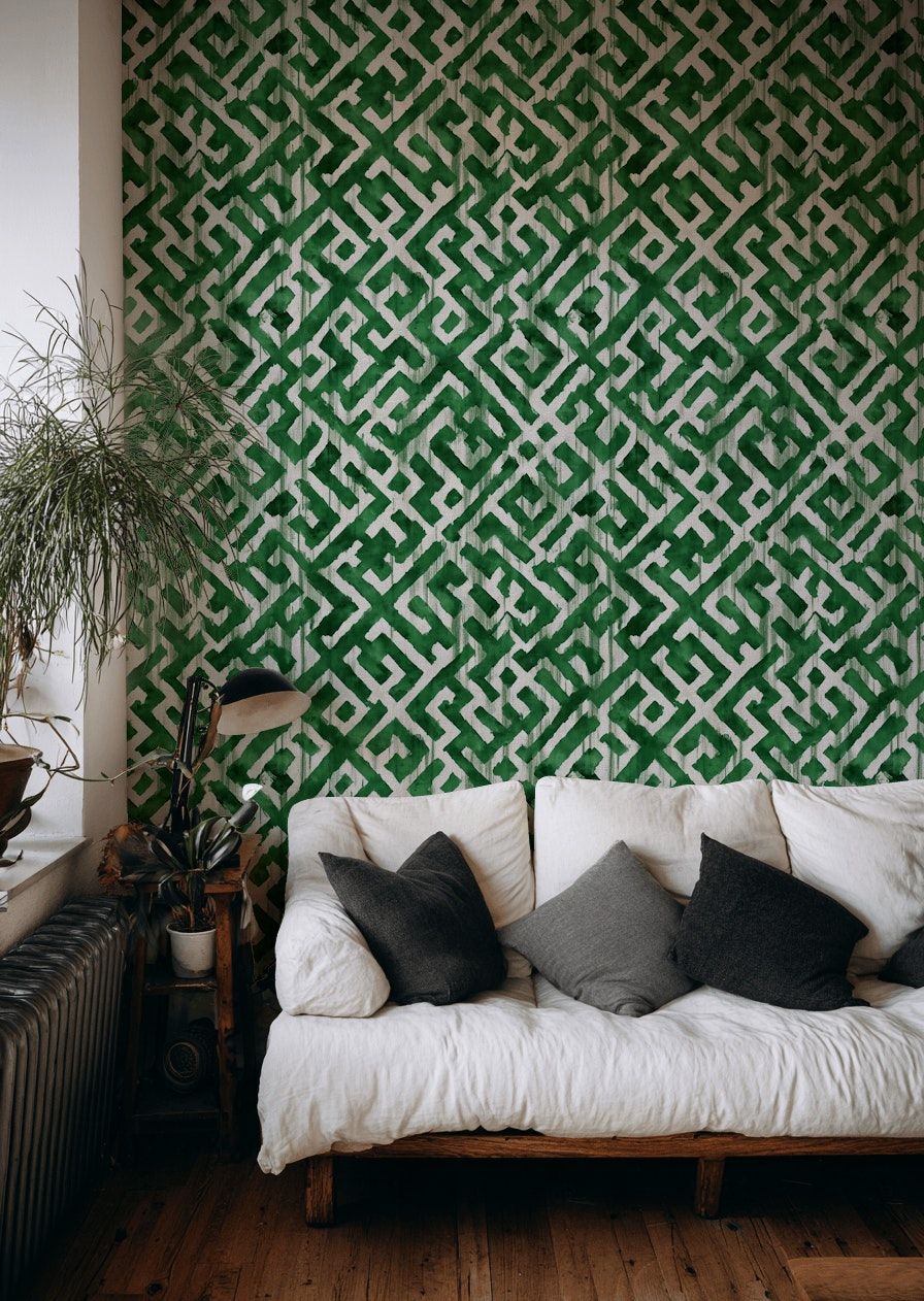 Geometrik Labirent Desenli Duvar Kağıdı Yeşil Modern Salon
