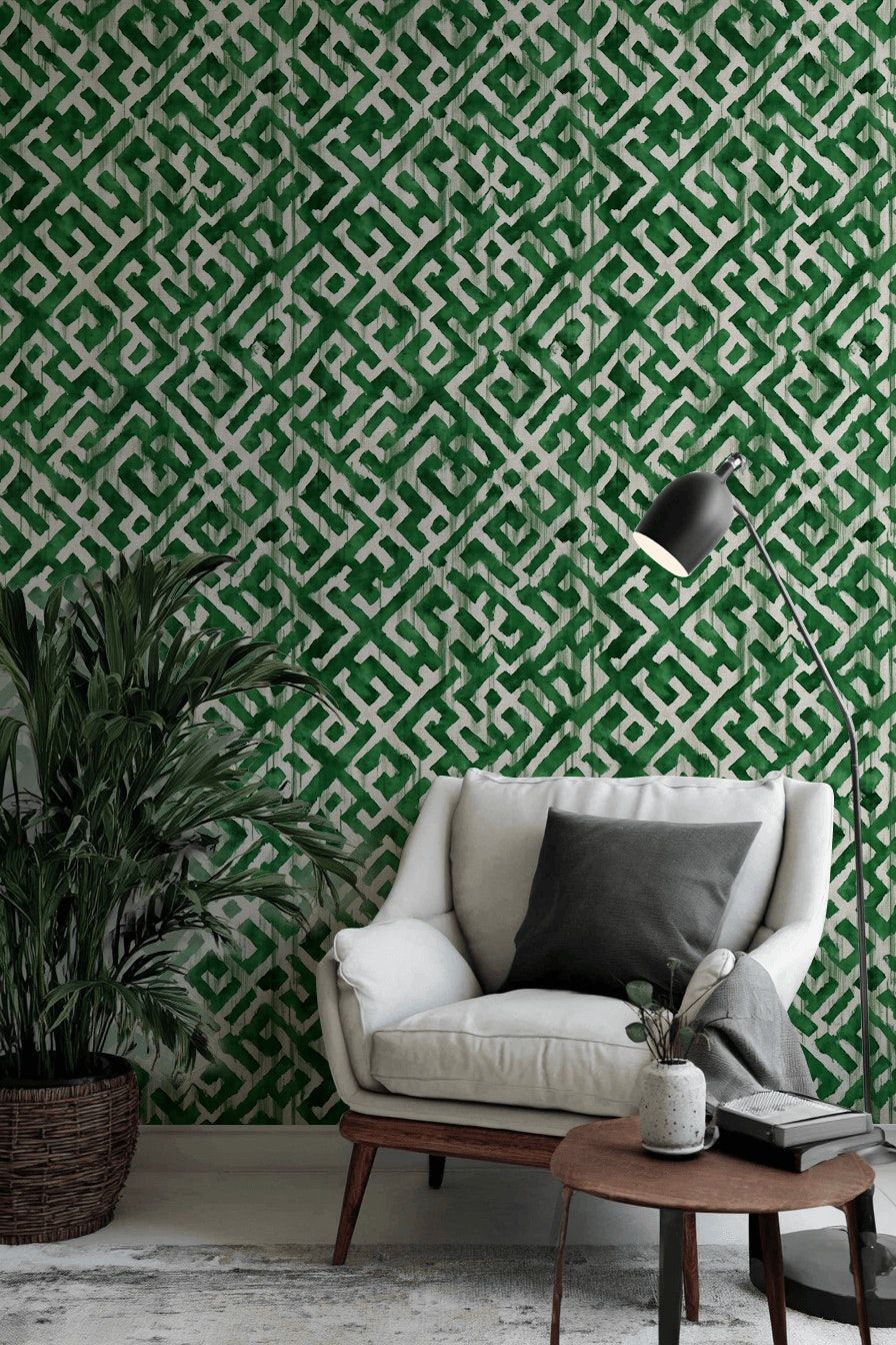 Geometrik Labirent Desenli Duvar Kağıdı Yeşil Modern Salon