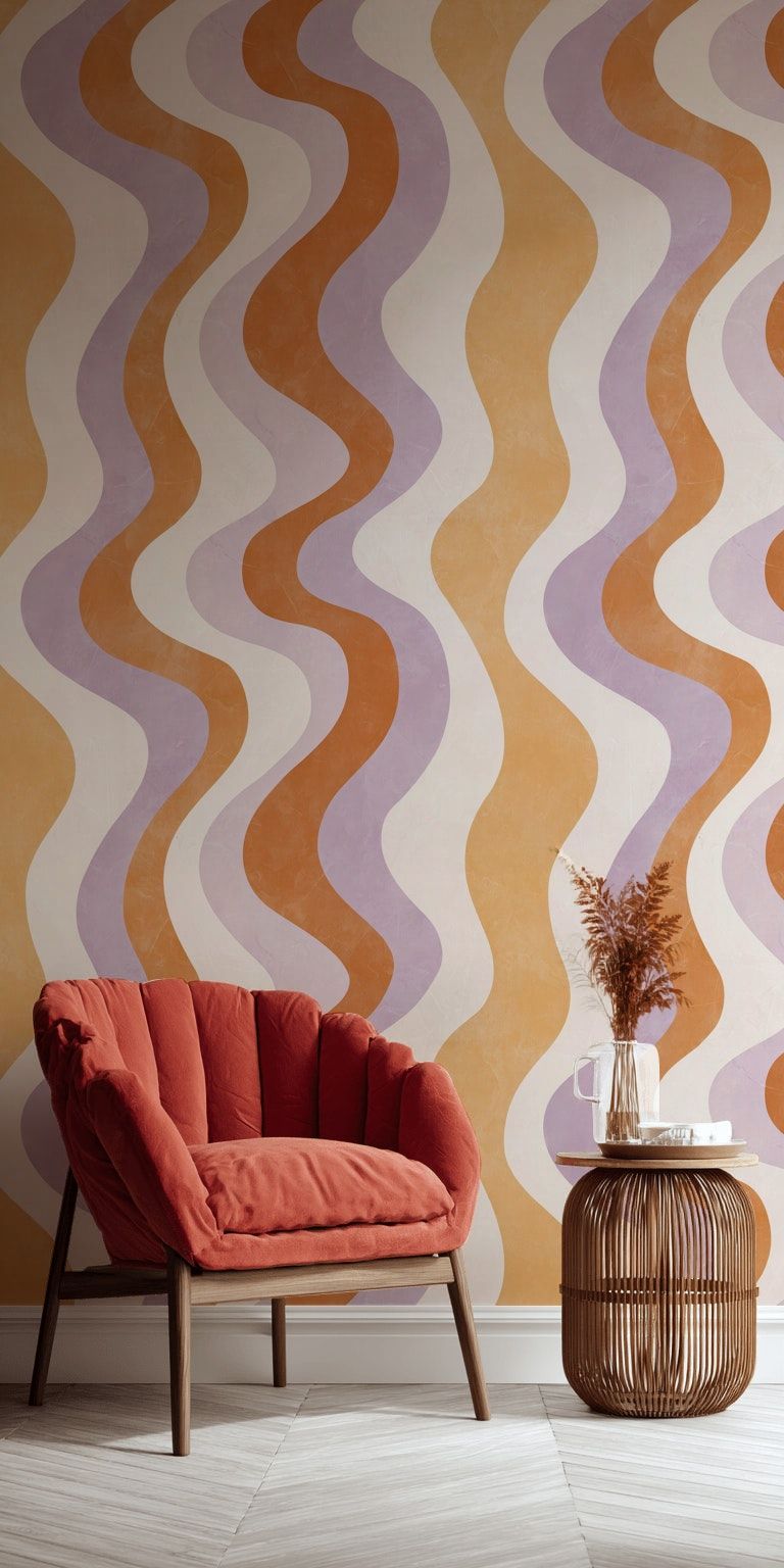 Retro Dalgalı Çizgili Duvar Kağıdı Lila Turuncu Salon