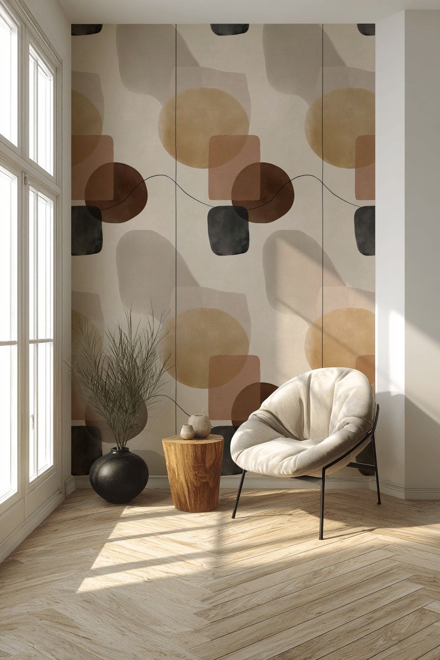 Soyut Geometrik Duvar Kağıdı Bej Kahverengi Modern Salon Dekoru
