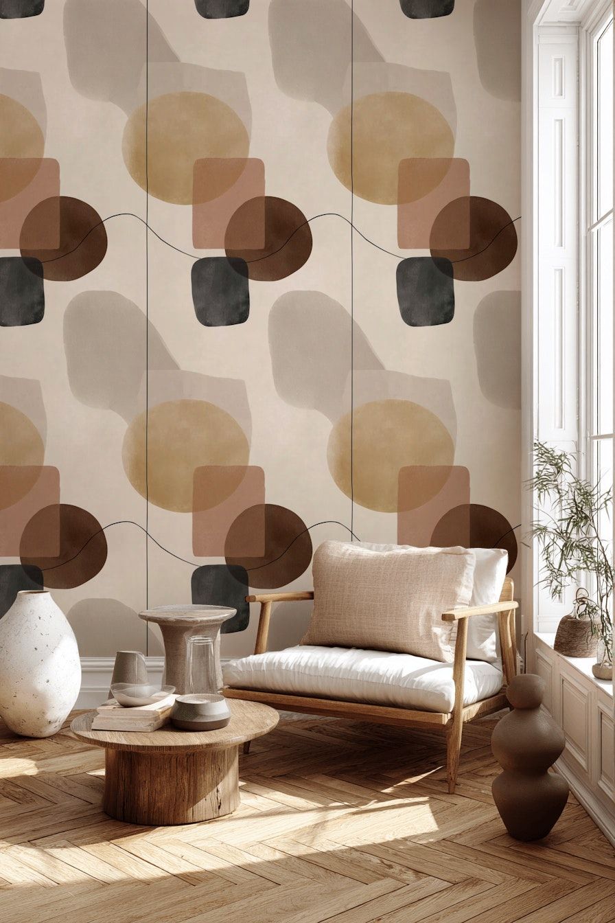 Soyut Geometrik Duvar Kağıdı Bej Kahverengi Modern Salon Dekoru