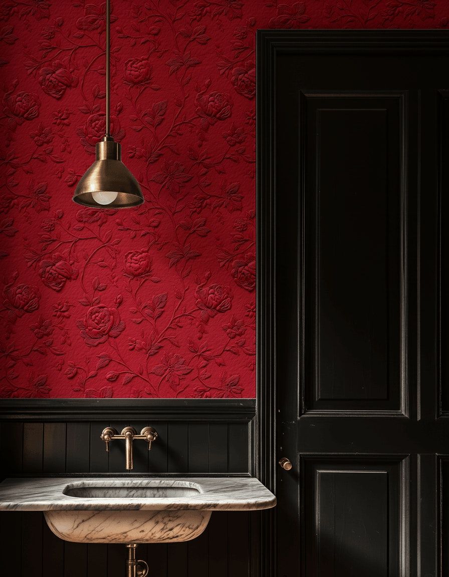 Kabartma Güllü Duvar Kağıdı Bordo Kırmızı Klasik Salon