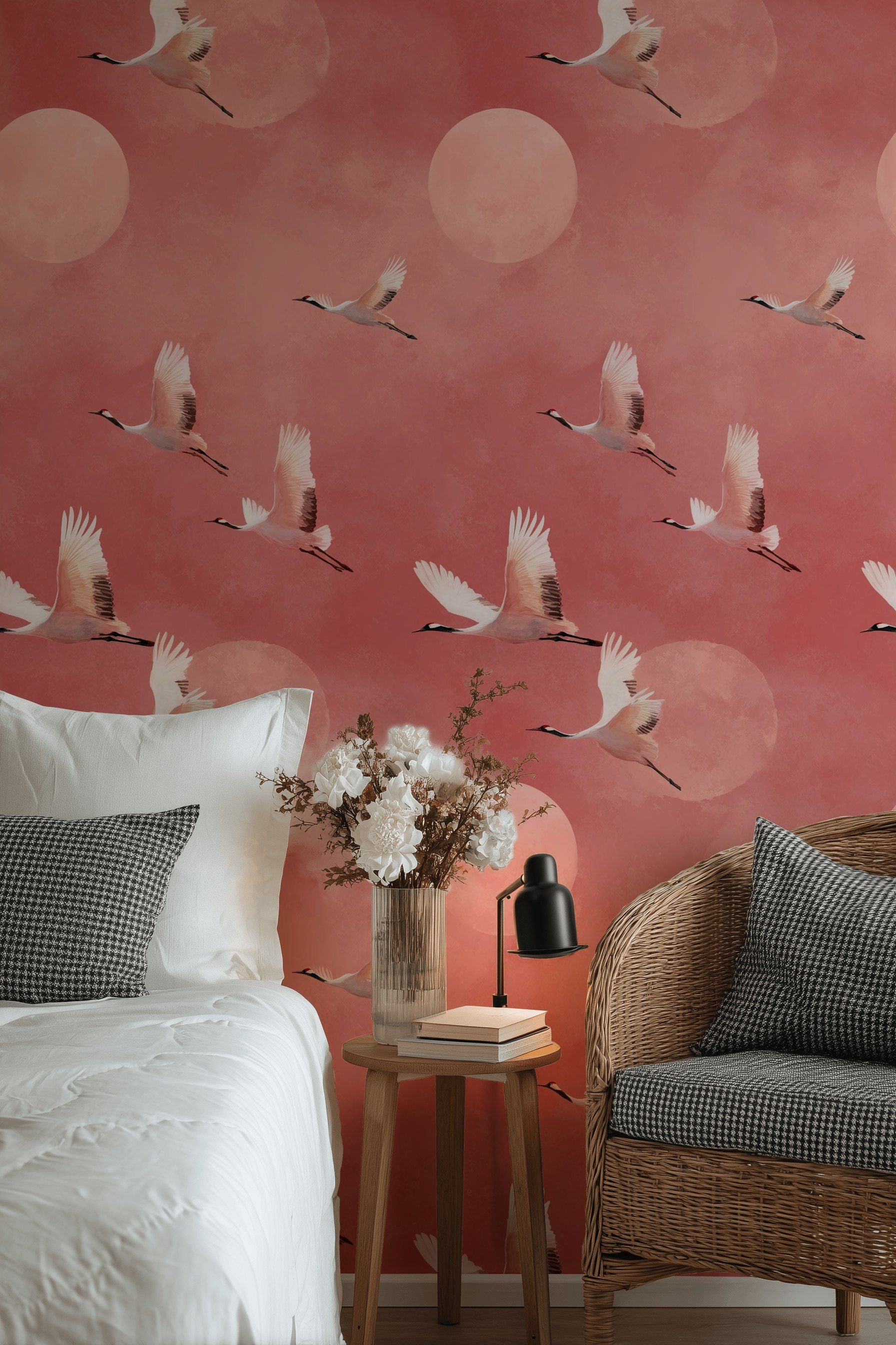 Uçan Turnalı Duvar Kağıdı Kiremit Kırmızı Salon Deseni