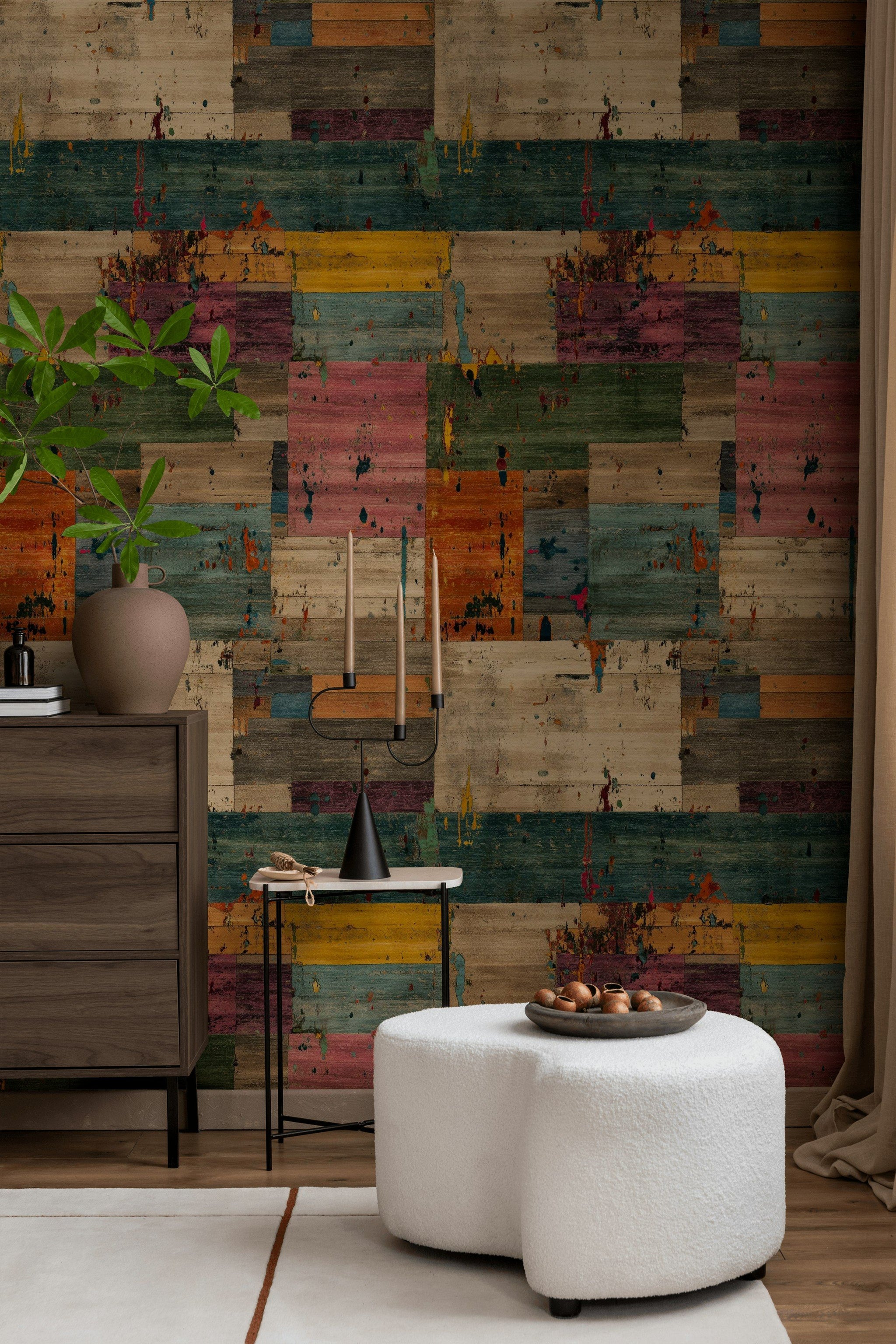 Renkli Ahşap Panelli Duvar Kağıdı Modern Salon Deseni