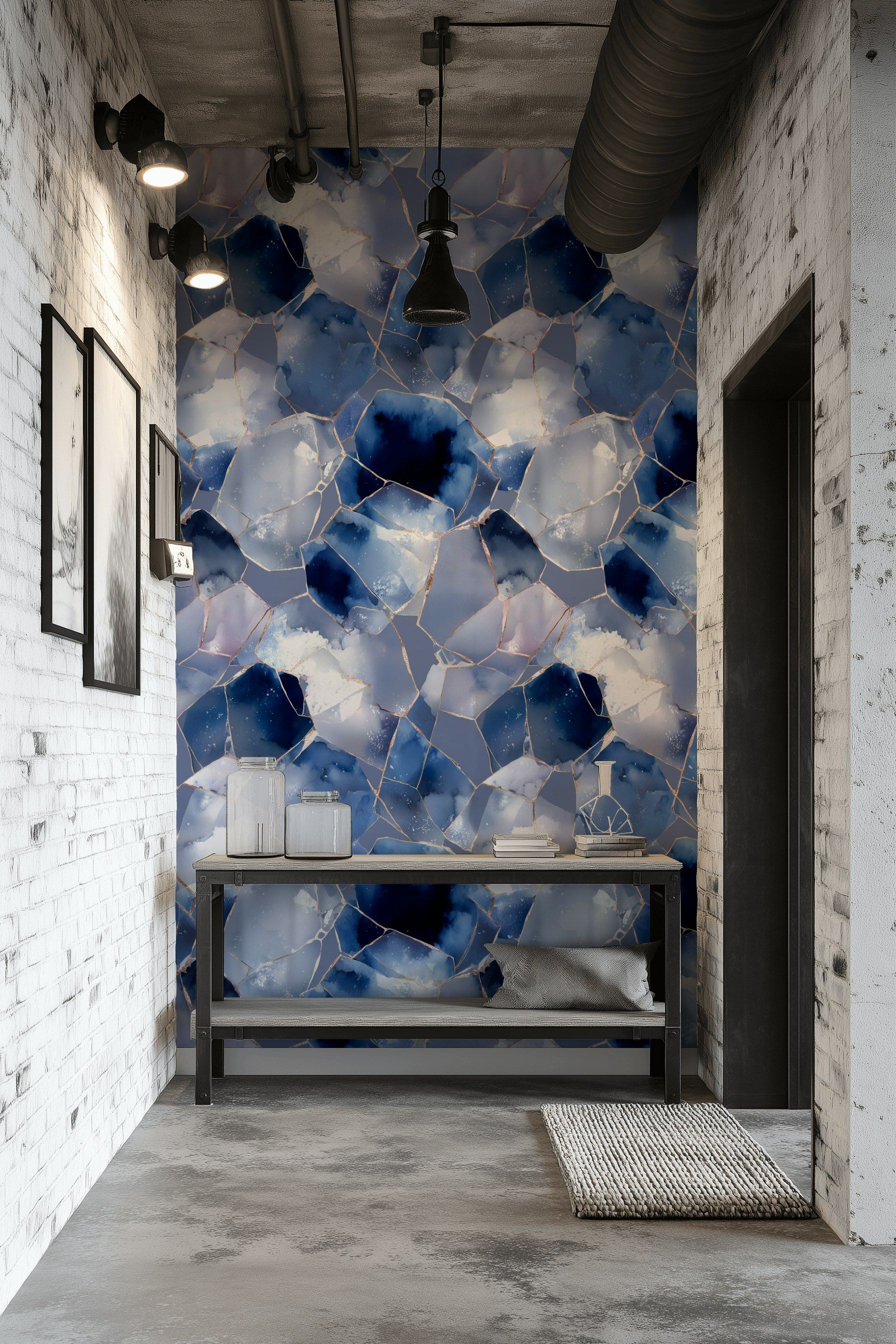 Mavi Geometrik Taş Desenli Duvar Kağıdı Modern Banyo Dekoru