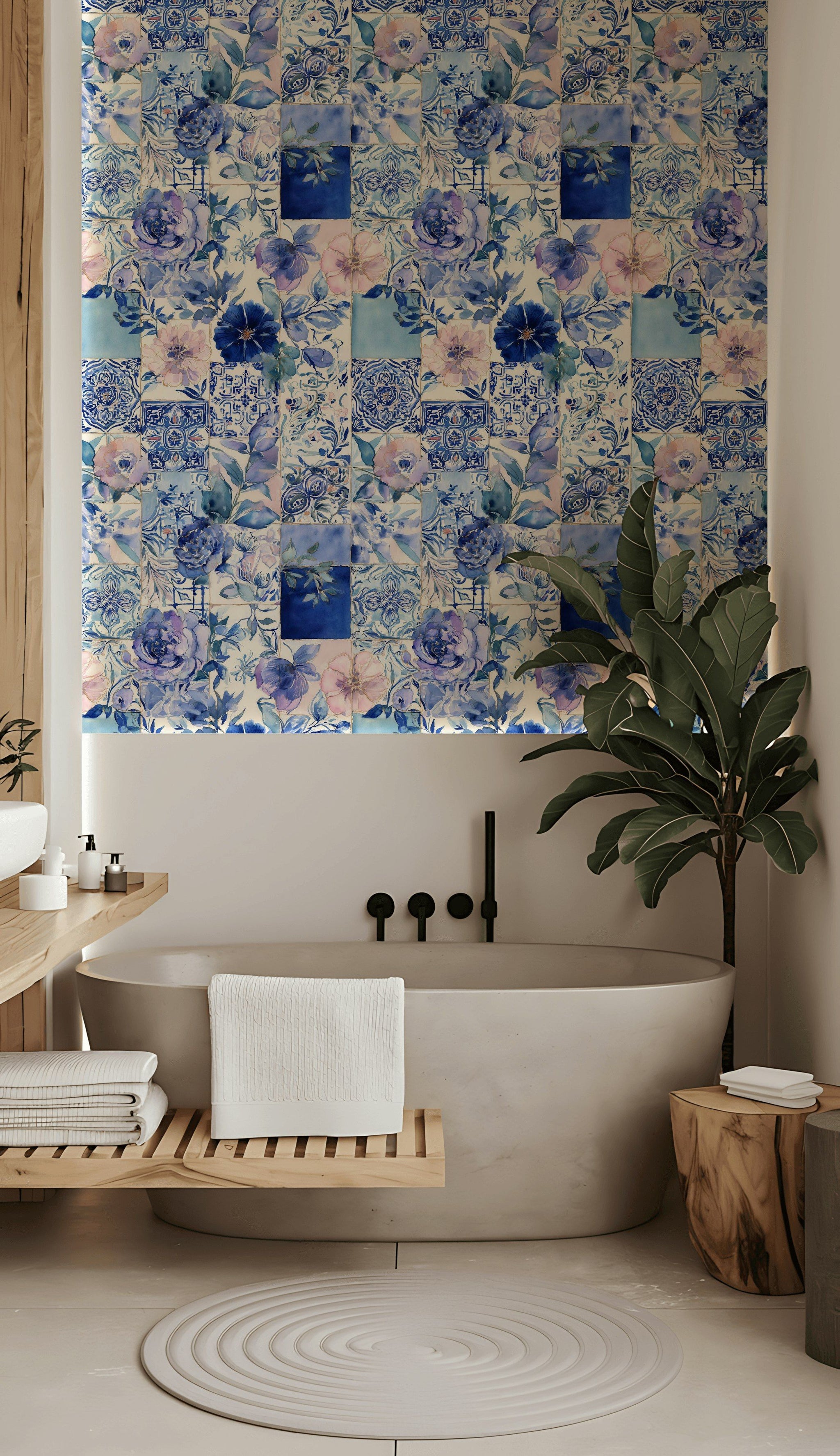 Mavi Çiçekli Çini Desenli Duvar Kağıdı Banyo