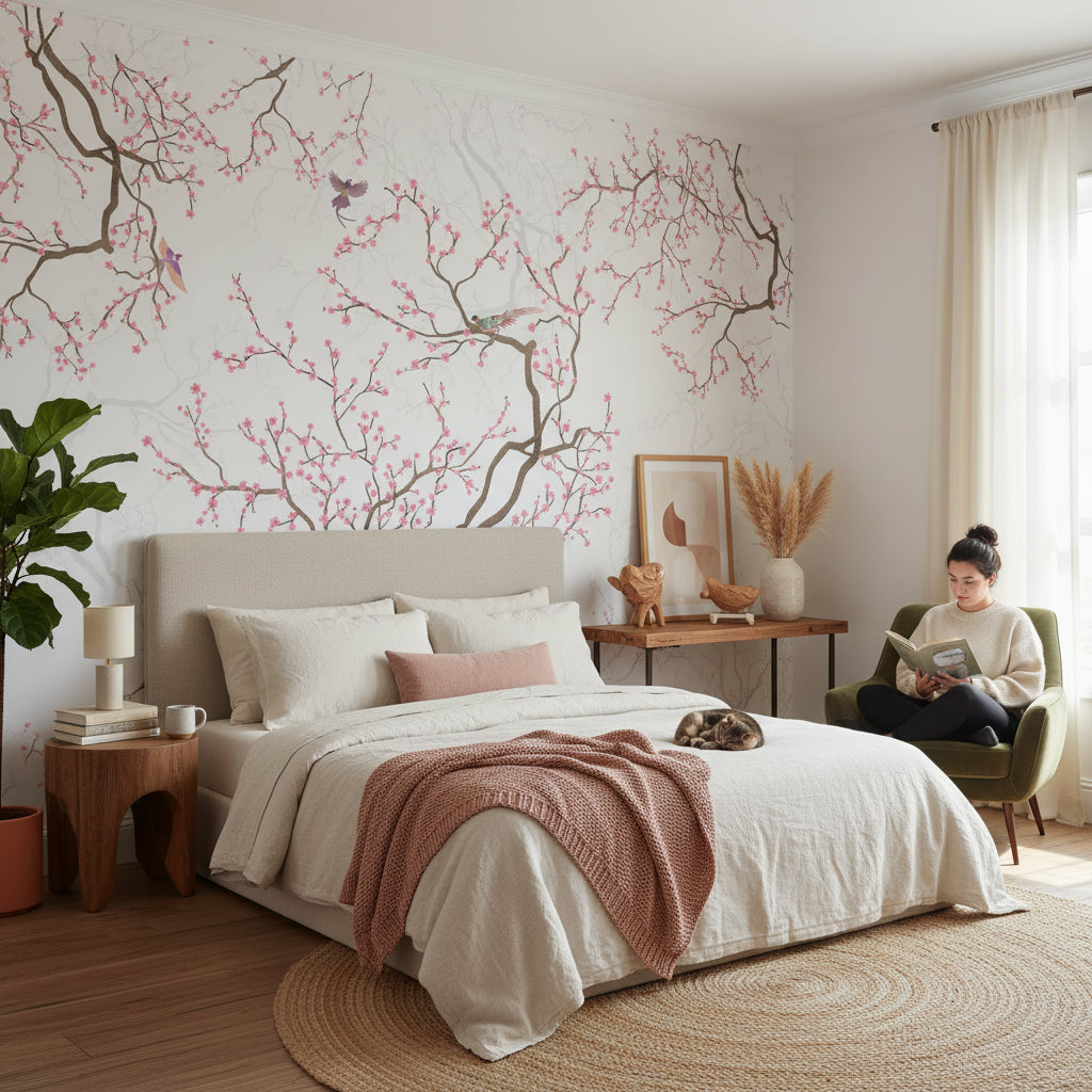 Kiraz Çiçekli Dallı Poster Duvar Kağıdı Pembe Beyaz Banyo