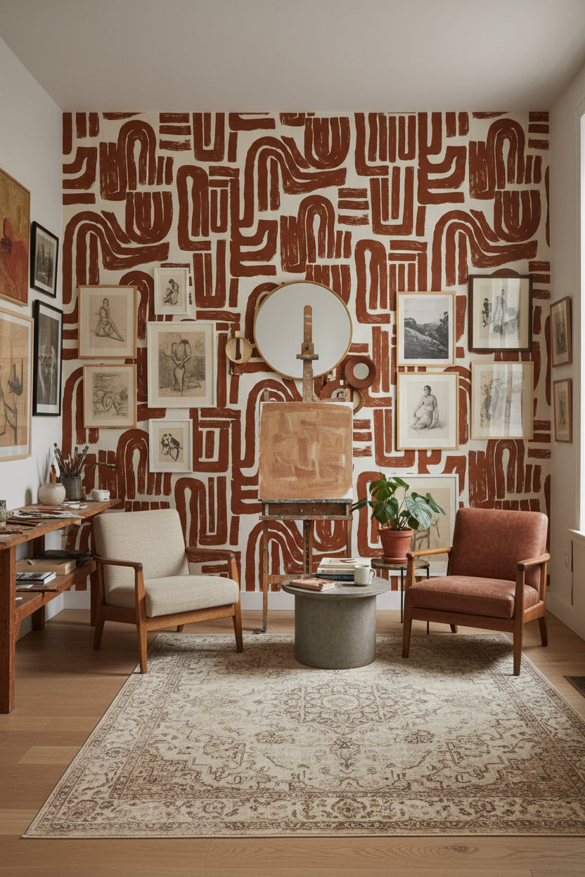 Soyut Geometrik Duvar Kağıdı Kiremit Renkli Salon Duvarı