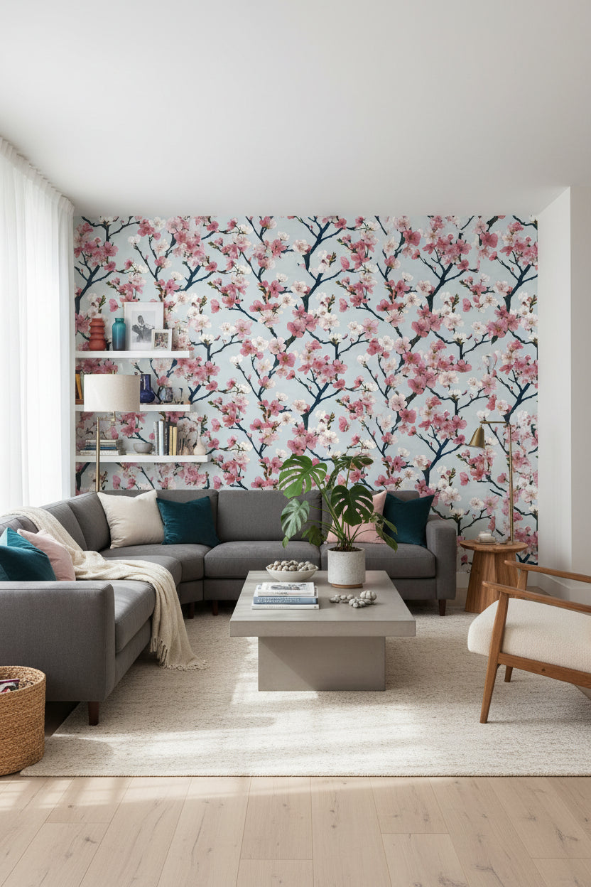 Sakura Çiçekli Duvar Kağıdı Pembe Beyaz Salon
