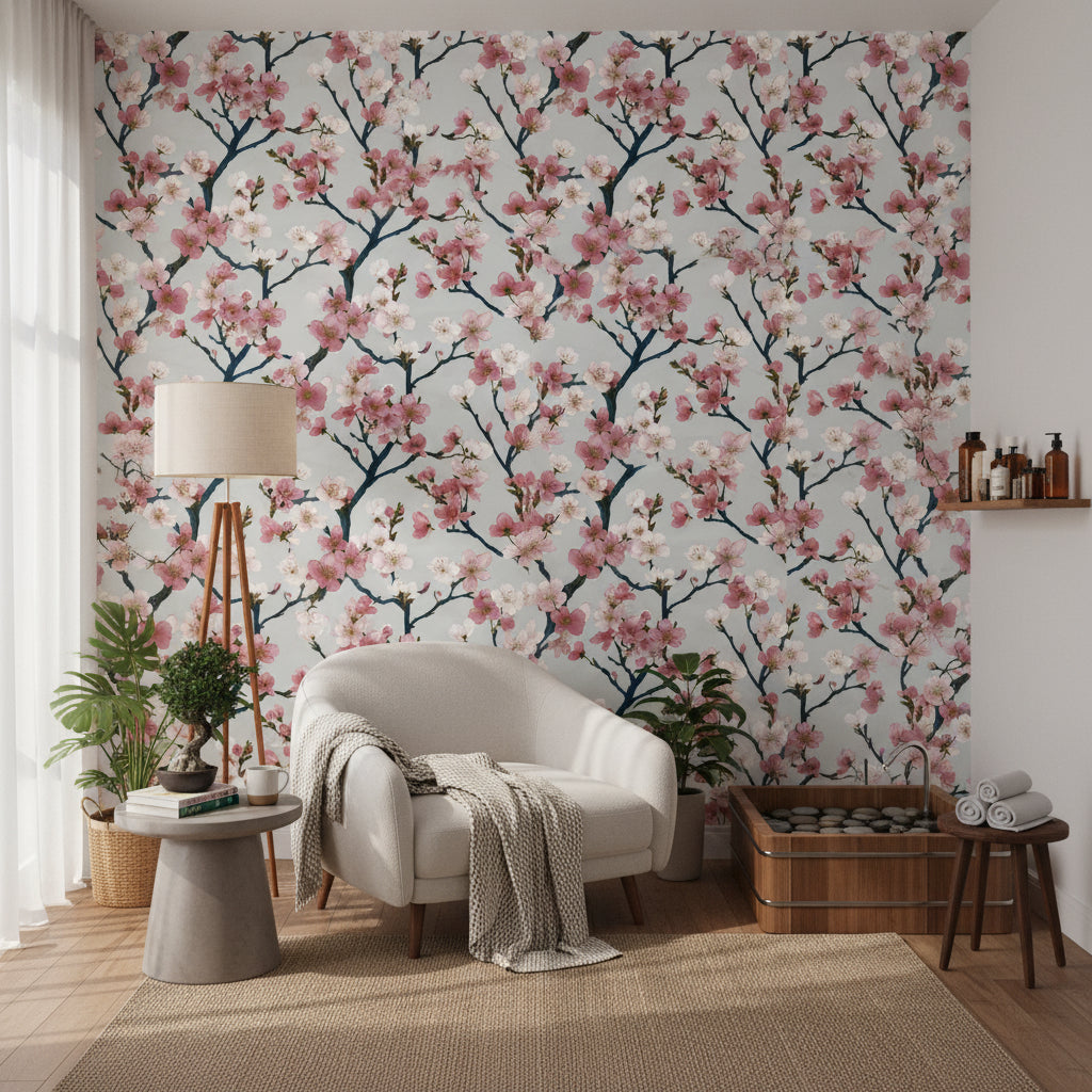 Sakura Çiçekli Duvar Kağıdı Pembe Beyaz Salon