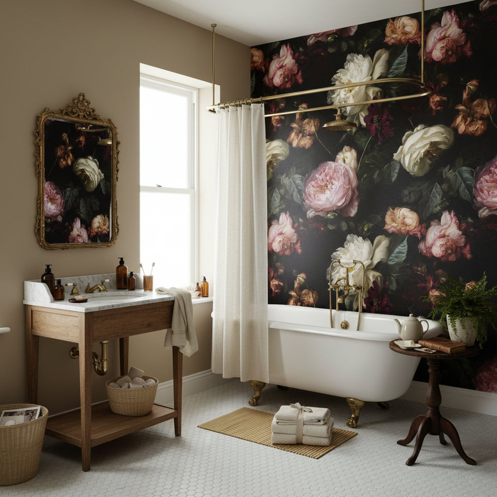 Koyu Zeminli Gül Desenli Duvar Kağıdı Banyo Dekoru