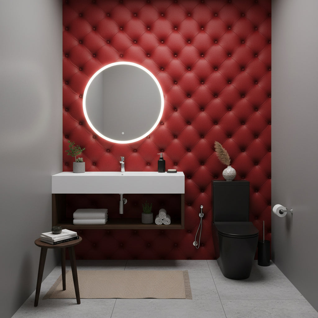 Kapitoneli Deri Desenli Duvar Kağıdı Bordo Banyo