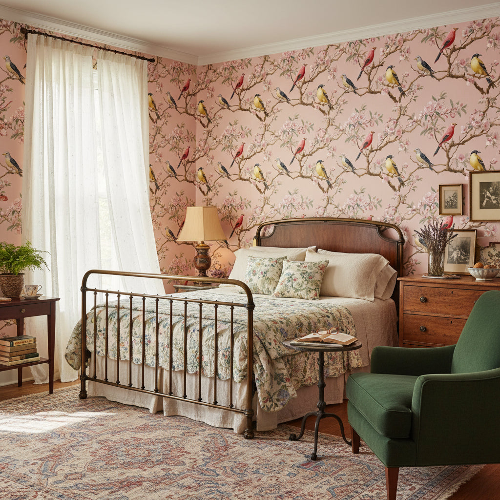 Çiçekli Kuş Desenli Duvar Kağıdı Pembe Vintage Banyo
