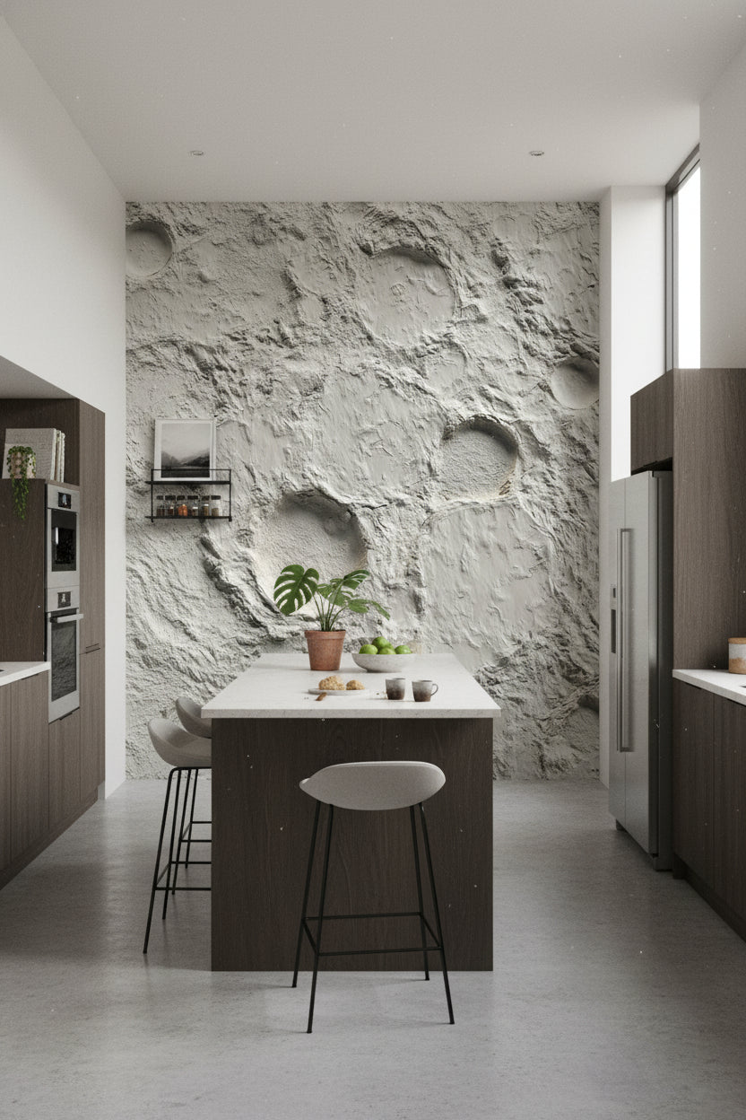 Ay Krateri Desenli 3D Duvar Kağıdı Gri Banyo Duvarı