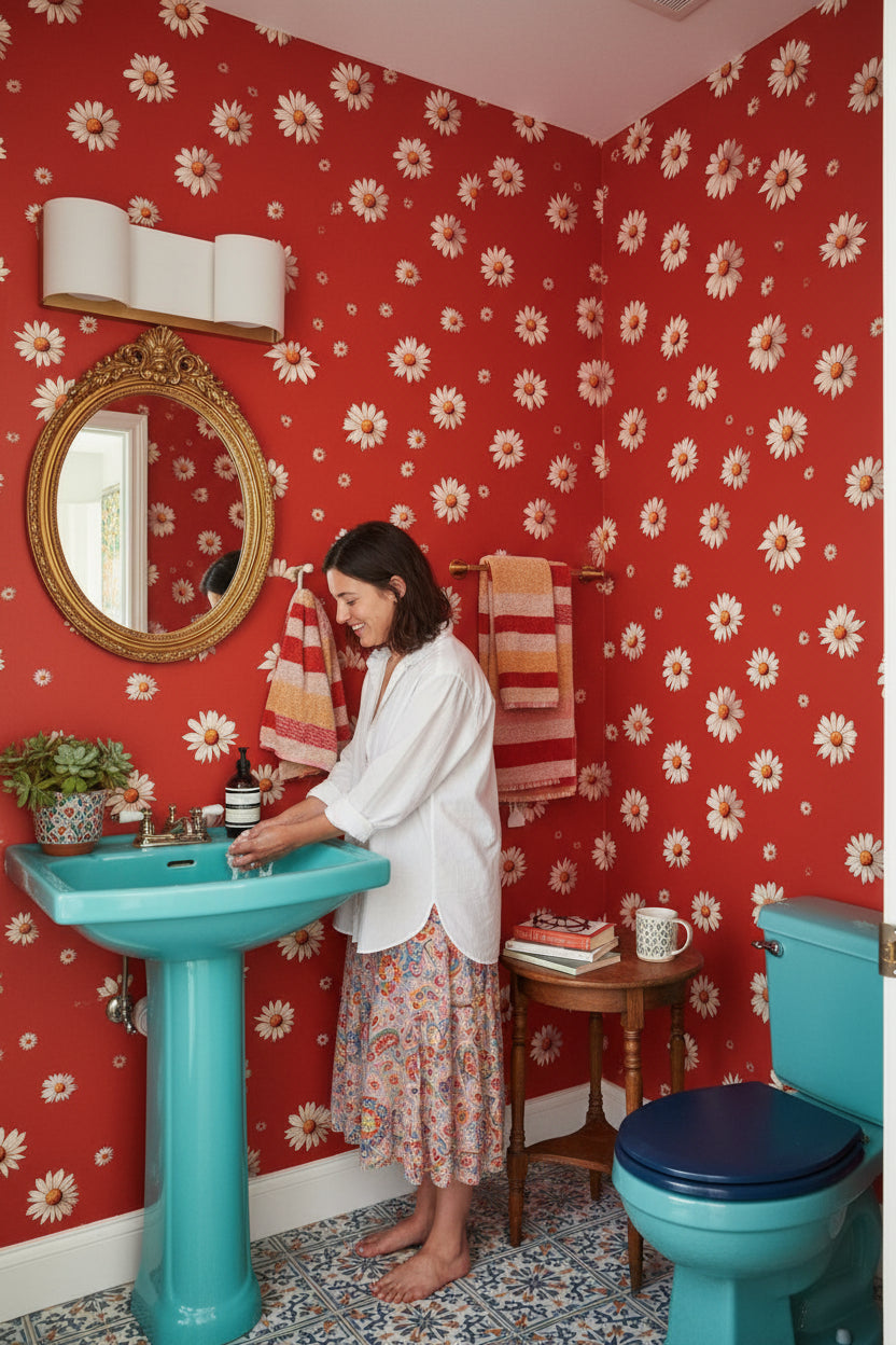 Kırmızı Papatyalı Duvar Kağıdı Retro Çiçek Desenli Banyo