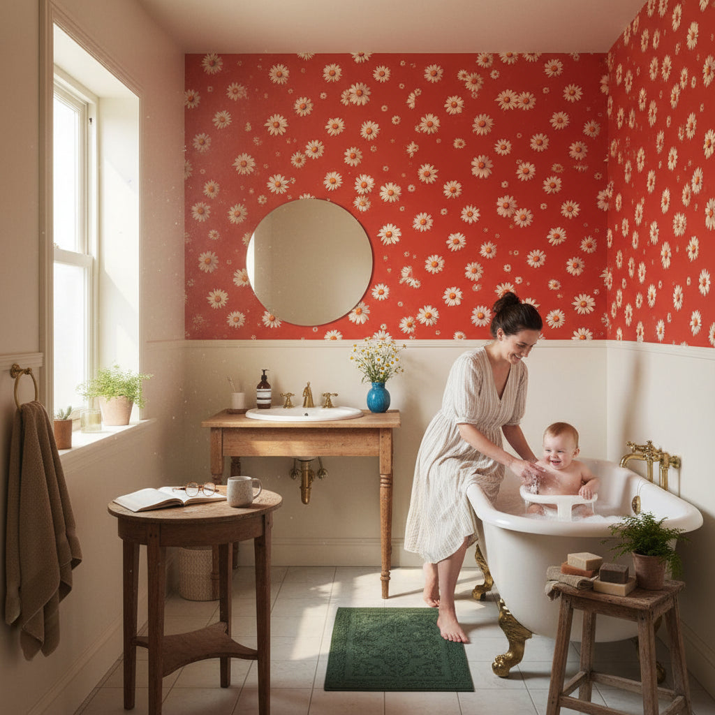 Kırmızı Papatyalı Duvar Kağıdı Retro Çiçek Desenli Banyo