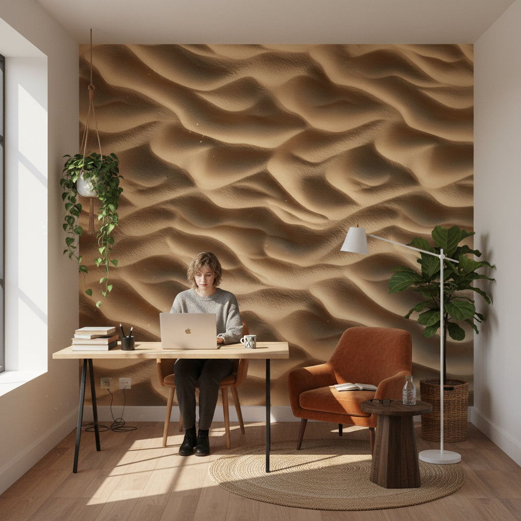 Kum Tepesi Desenli 3D Duvar Kağıdı Bej Yatak Odası