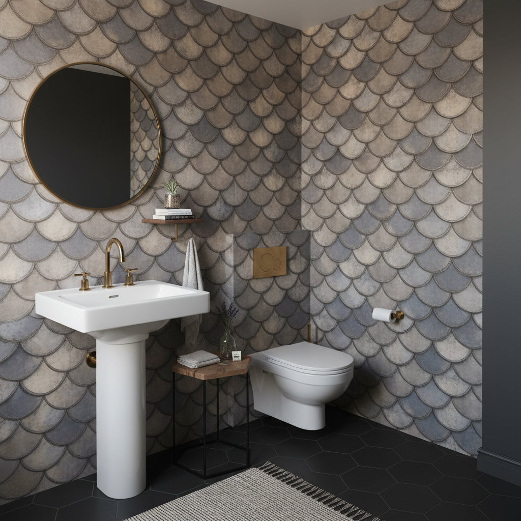 Balık Pulu Desenli Duvar Kağıdı Gri Bej Modern Salon