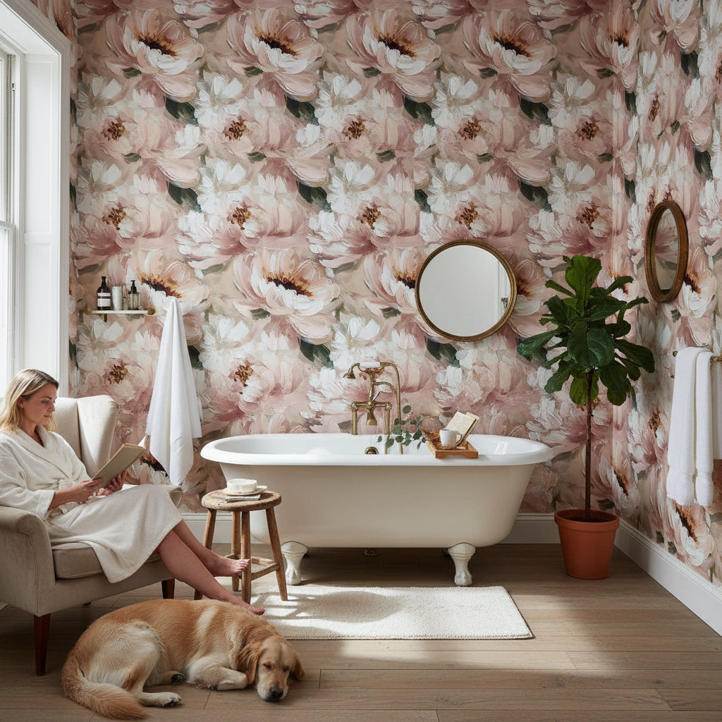 Vintage Çiçekli Duvar Kağıdı Pudra Ton Banyo Dekoru