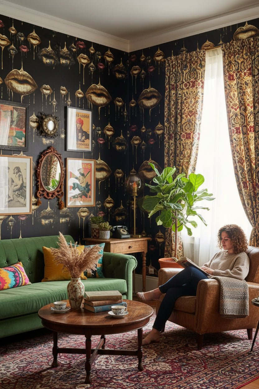 Siyah Zeminli Altın Dudak Desenli Duvar Kağıdı Salon
