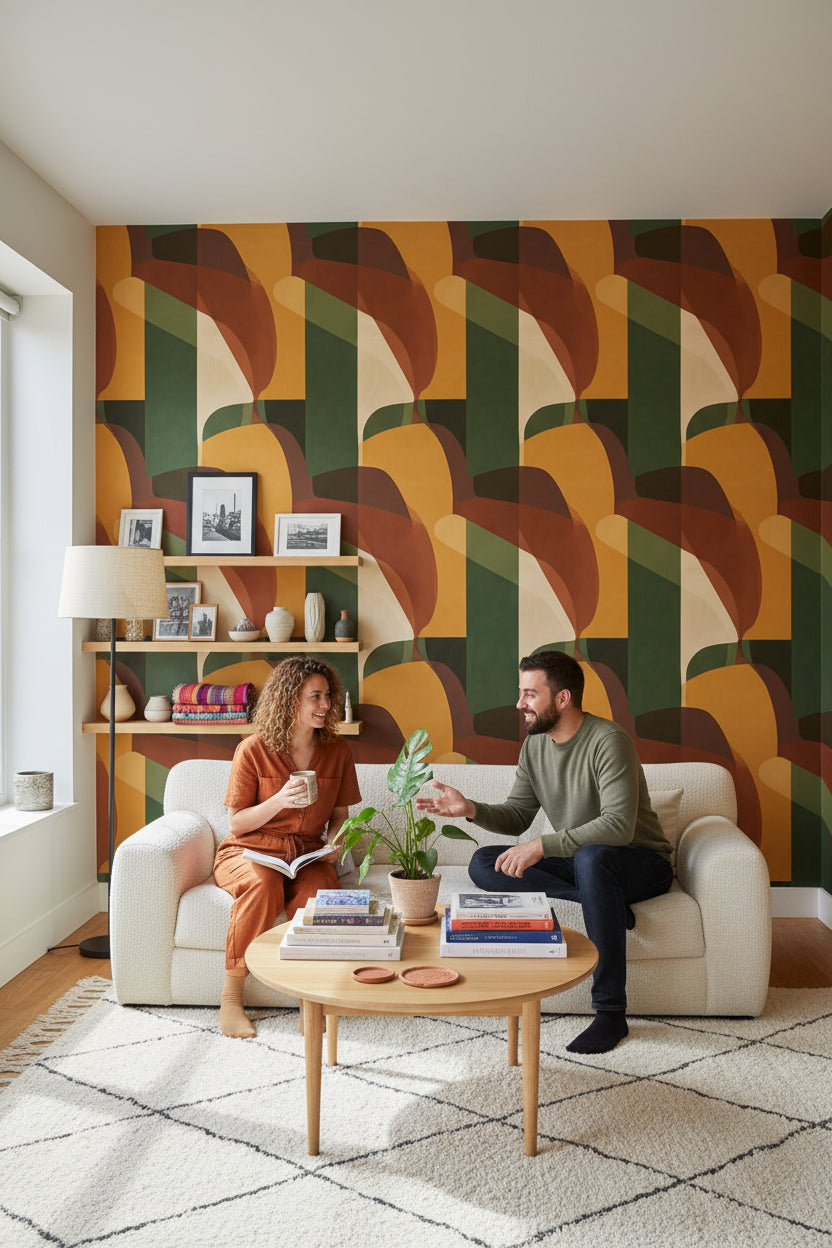 Soyut Geometrik Duvar Kağıdı Yeşil Hardal Tonlu Salon