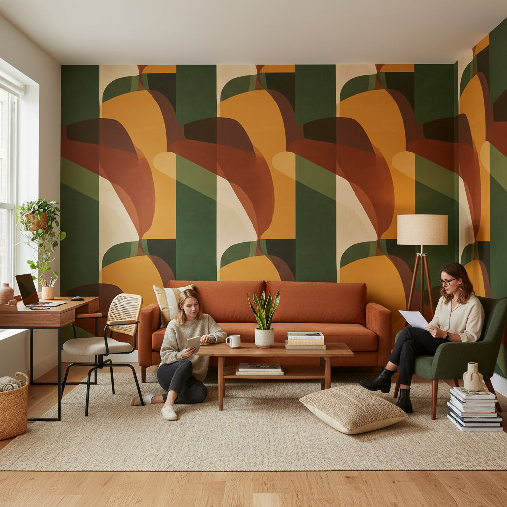 Soyut Geometrik Duvar Kağıdı Yeşil Hardal Tonlu Salon