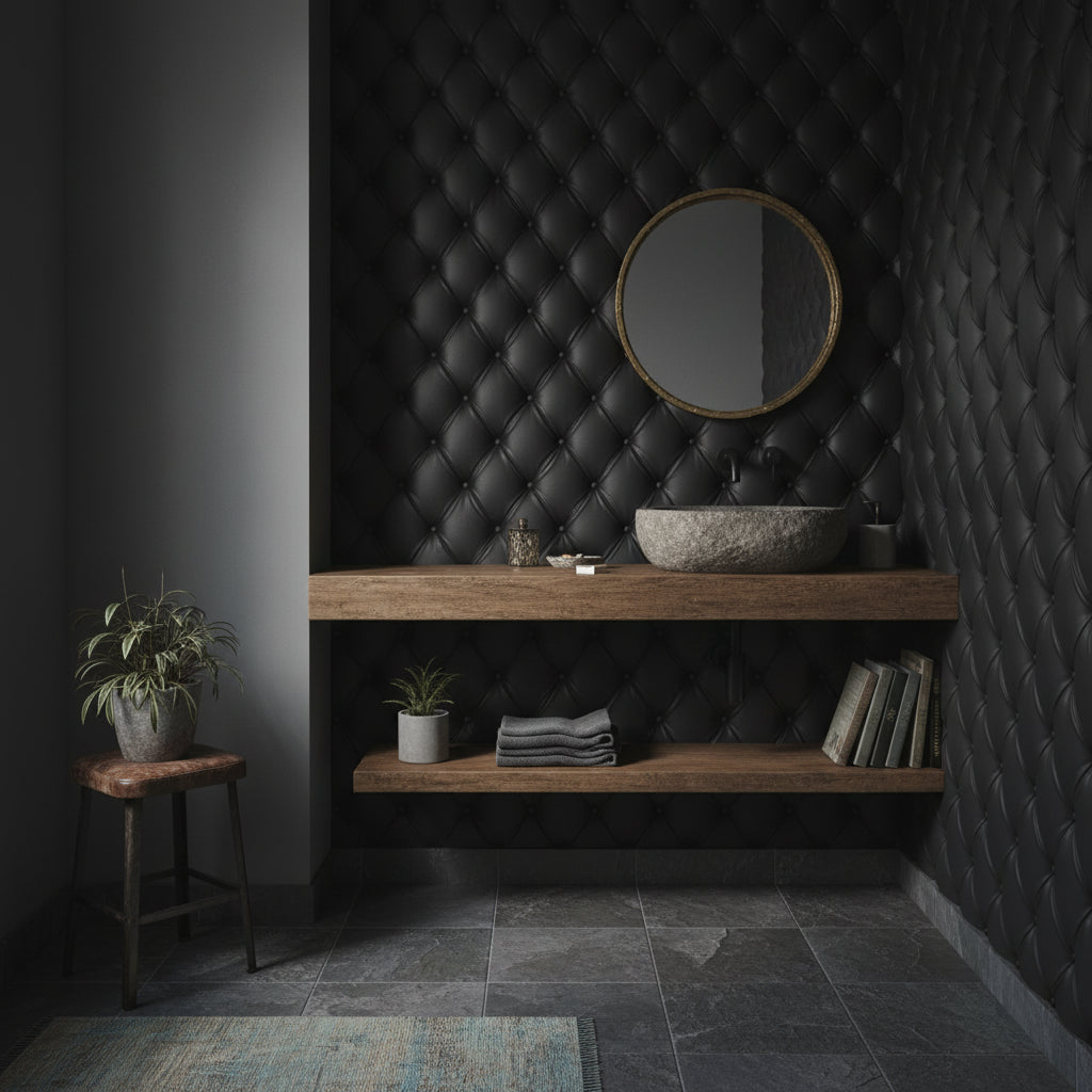 Siyah Kapitone Deri Görünümlü Duvar Kağıdı Modern Banyo Duvarı