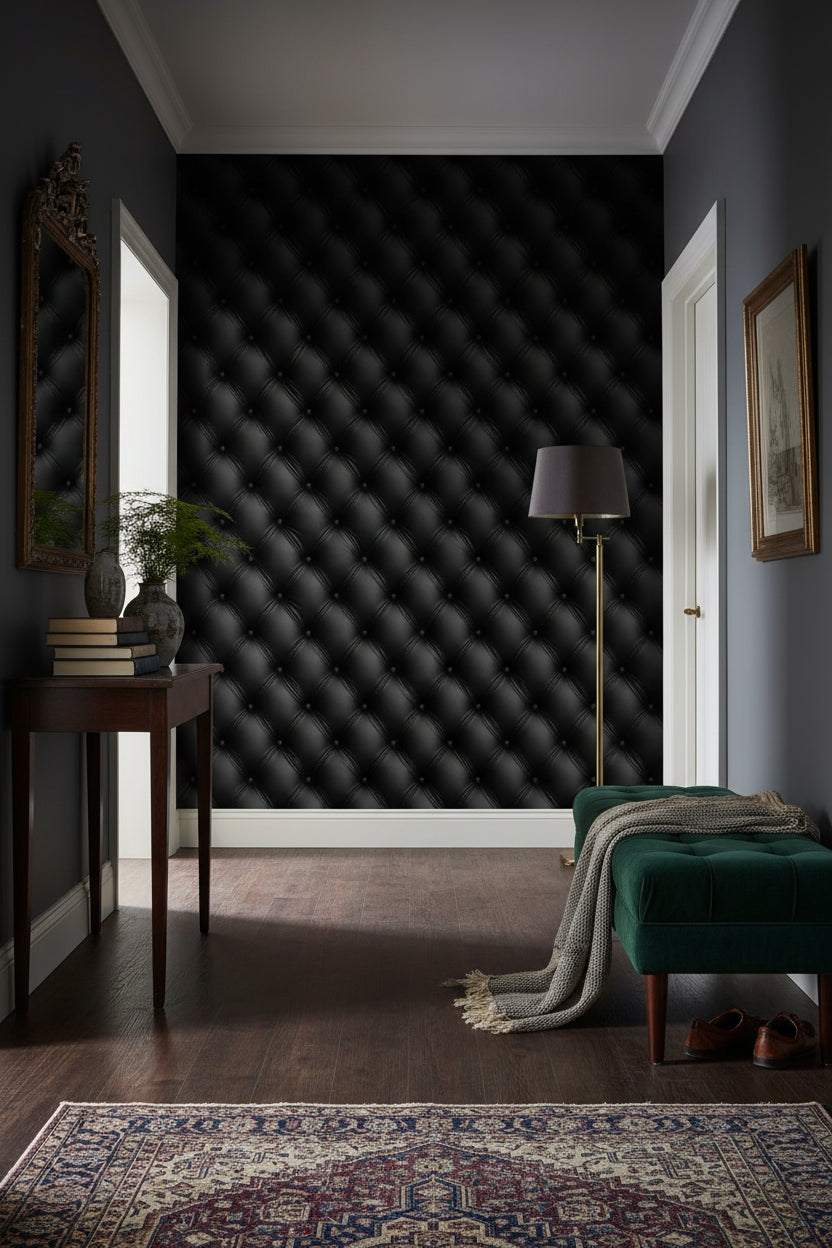 Siyah Kapitone Deri Görünümlü Duvar Kağıdı Modern Banyo Duvarı