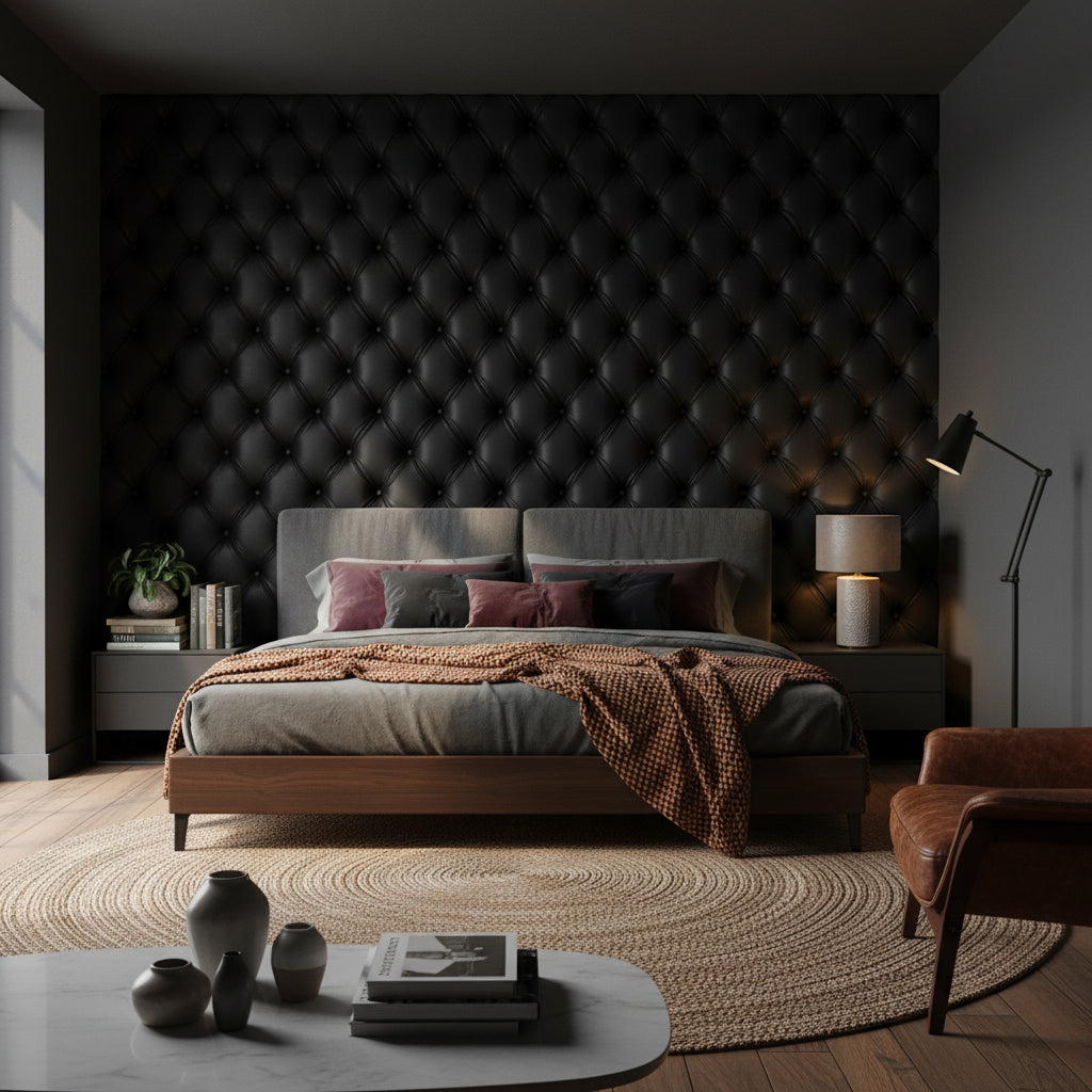 Siyah Kapitone Deri Görünümlü Duvar Kağıdı Modern Banyo Duvarı