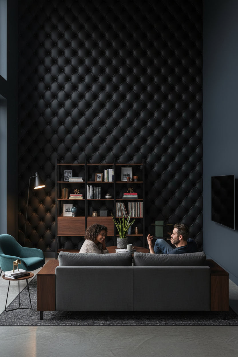 Siyah Kapitone Deri Görünümlü Duvar Kağıdı Modern Banyo Duvarı